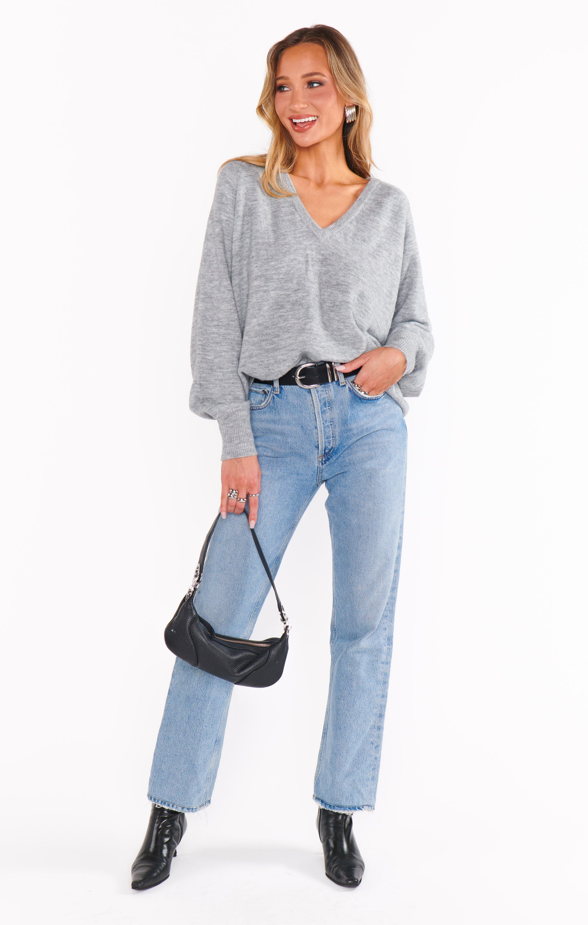Oversized V-Neck Sweater for Women | Heather Grey Knit