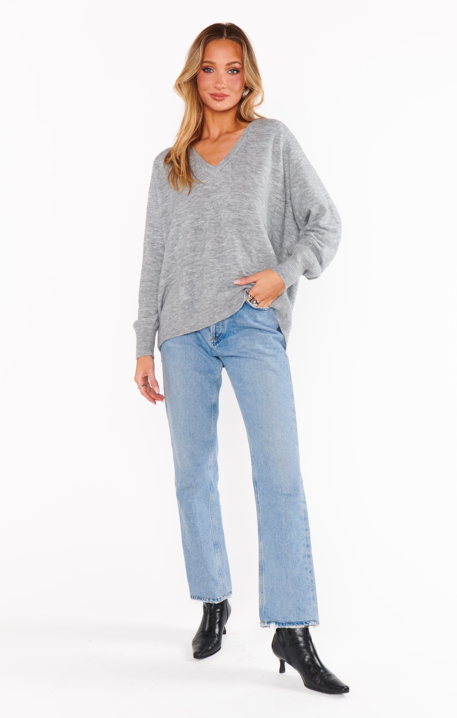 Oversized V-Neck Sweater for Women | Heather Grey Knit