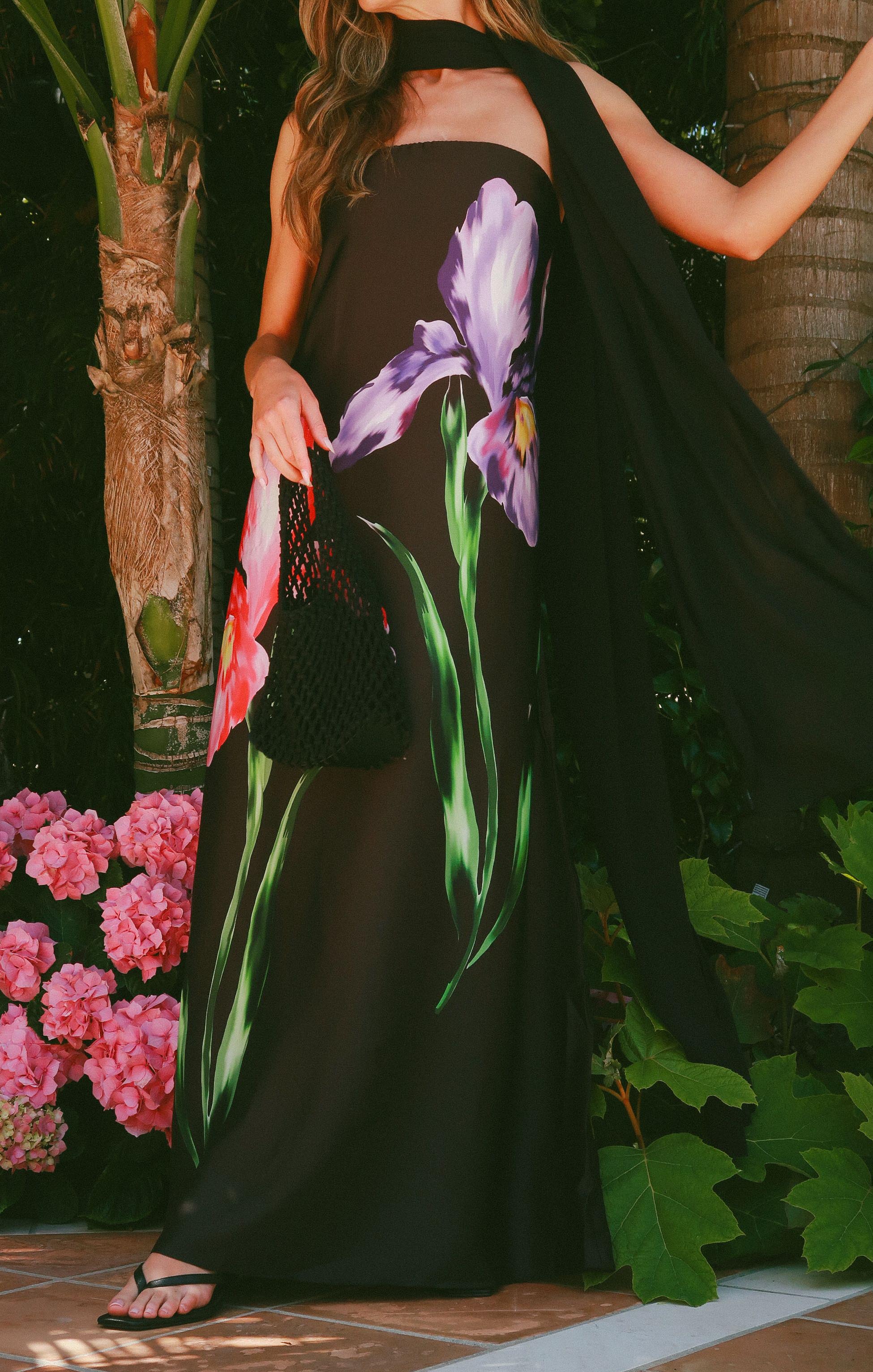 Strapless Maxi Dress with Grip Tape & Scarf | Renee Wild Iris Satin
