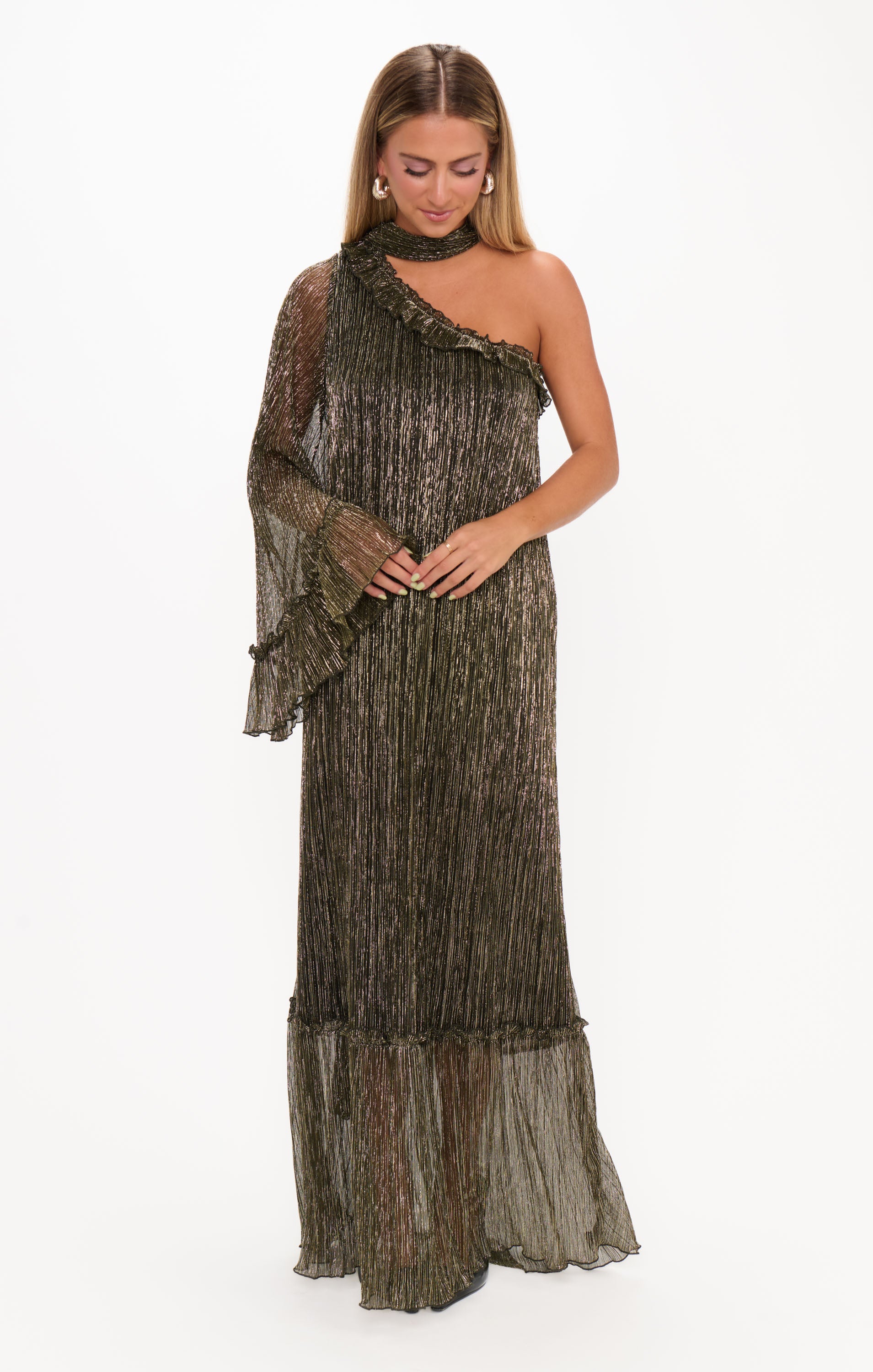 Flowy One Shoulder Sparkly Dress with Detachable Sash | Wonder Dress