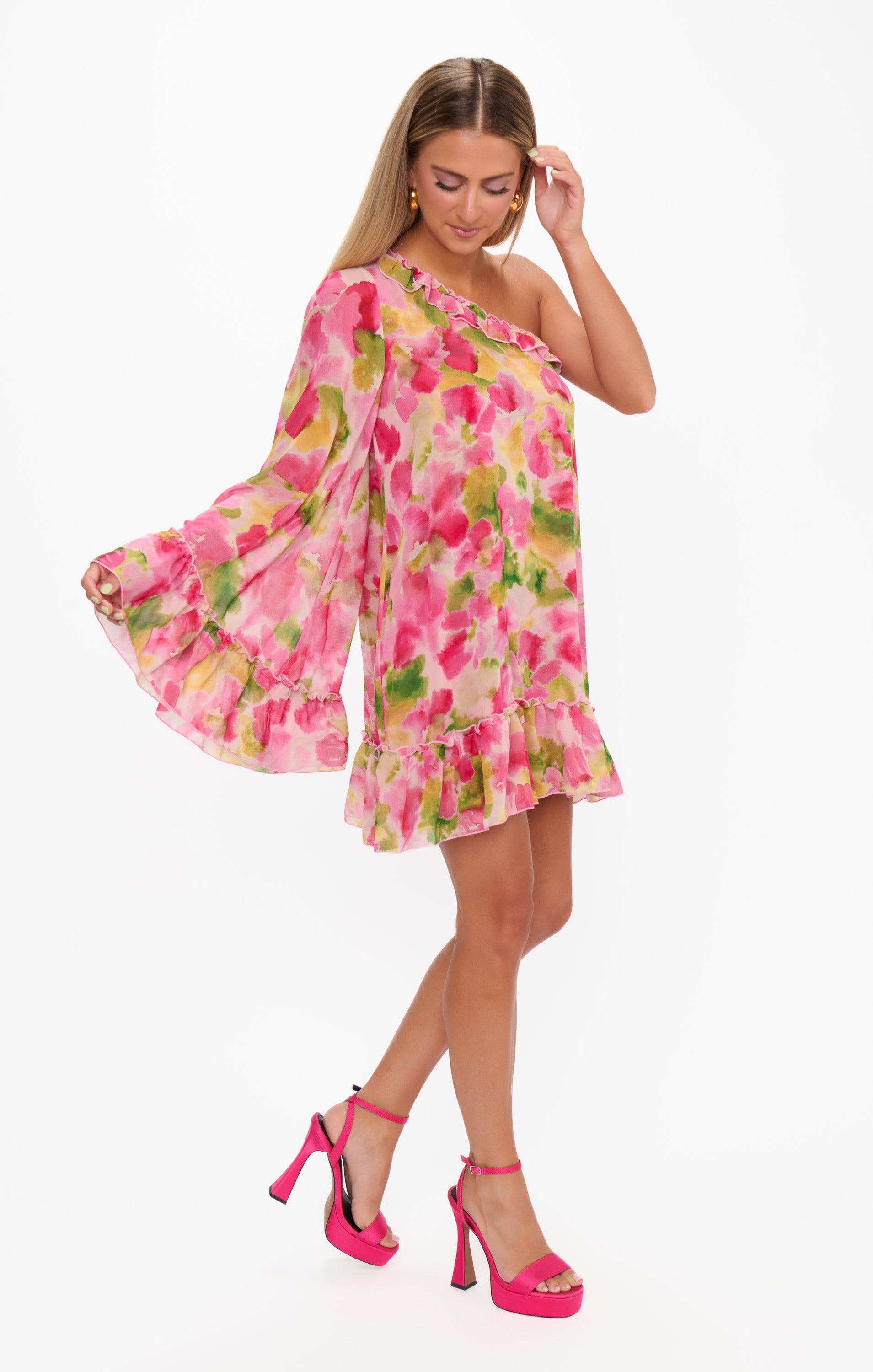 Flowy Pink One Shoulder Dress with Ruffled Edges | Wonder Mini