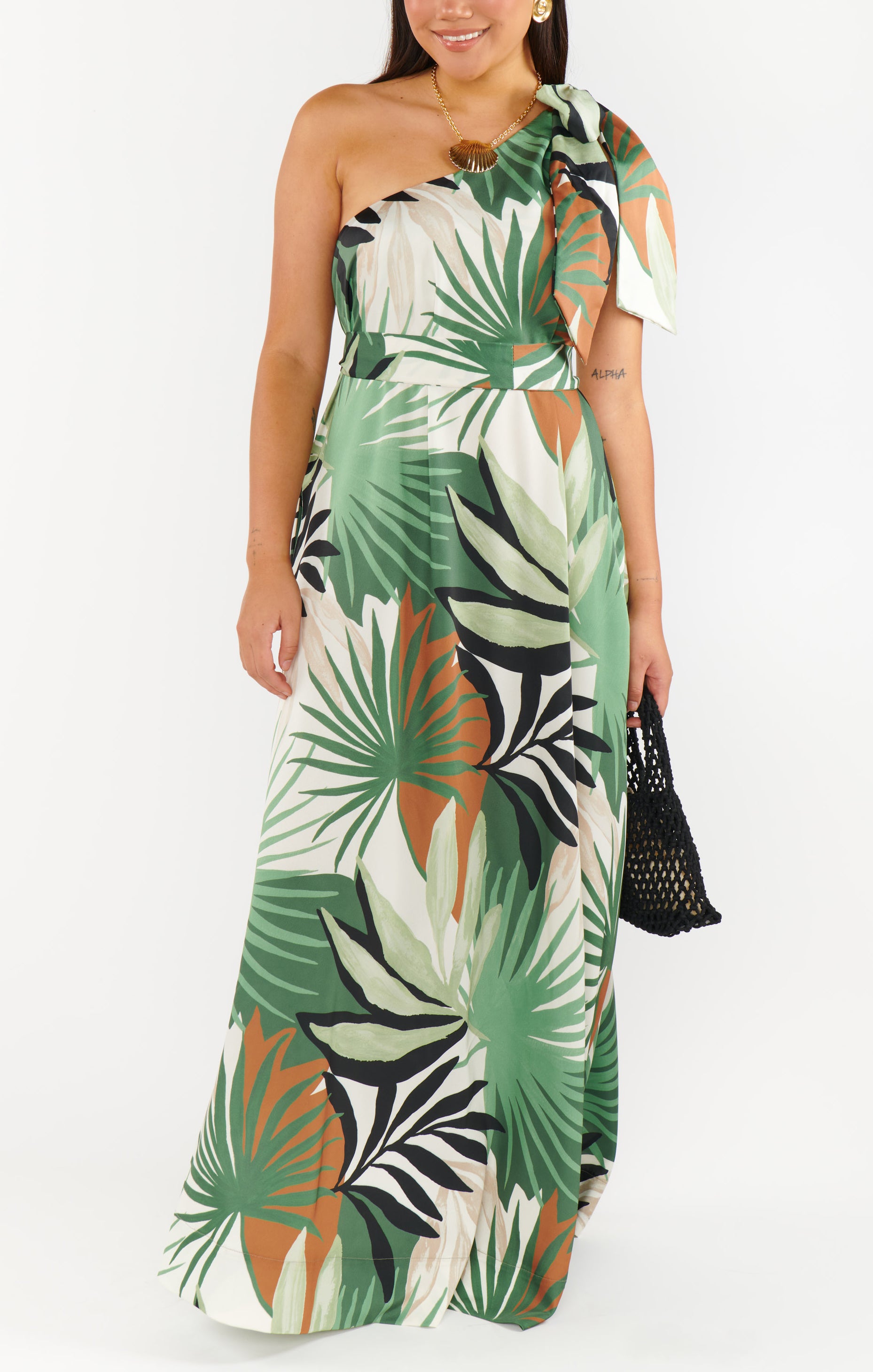 One-Shoulder Maxi Dress with Waist Sash | Jackie Caribbean Palms