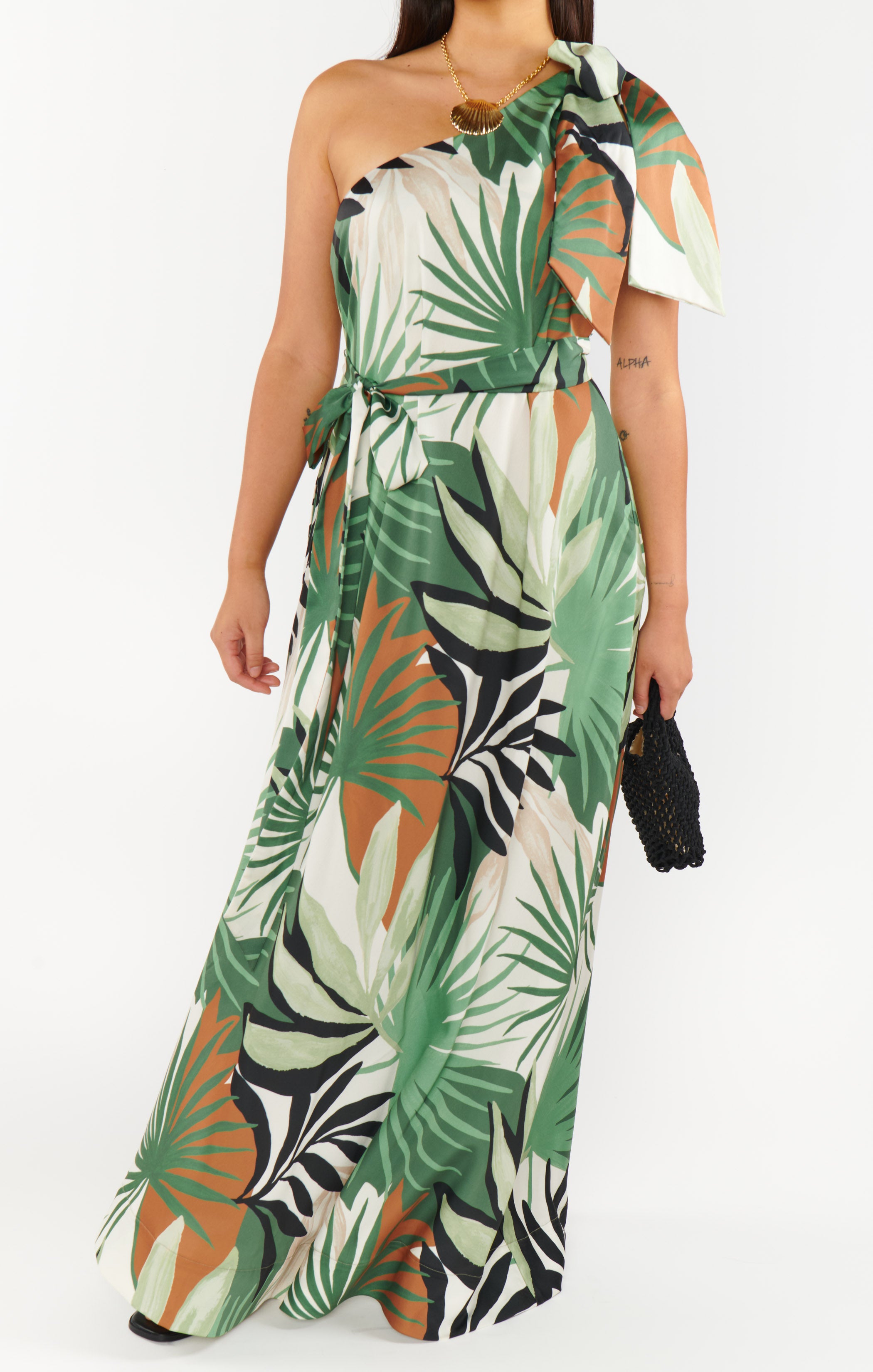 One-Shoulder Maxi Dress with Waist Sash | Jackie Caribbean Palms