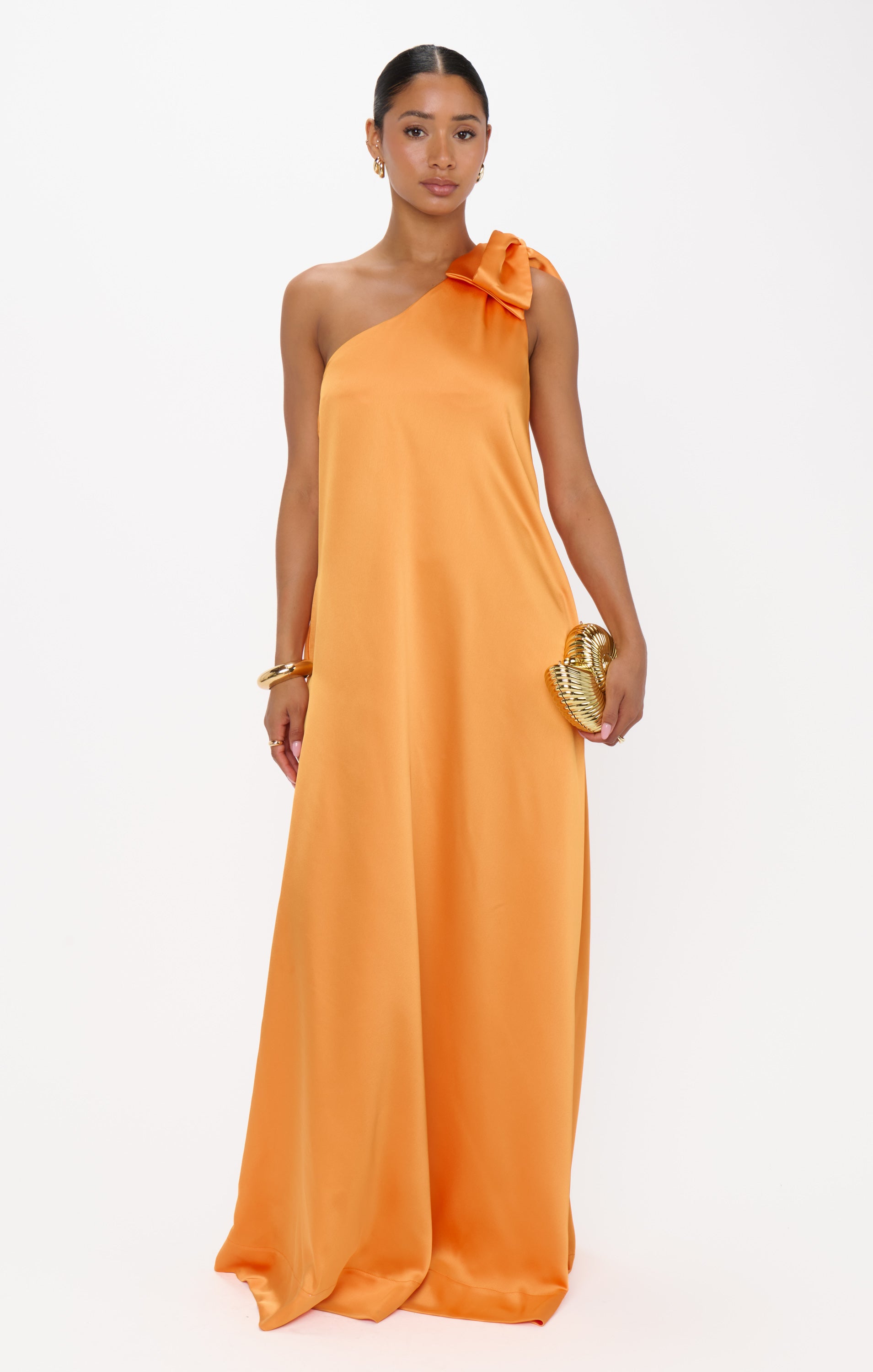 One-Shoulder Satin Maxi Dress with Waist Sash | Jackie Tangerine