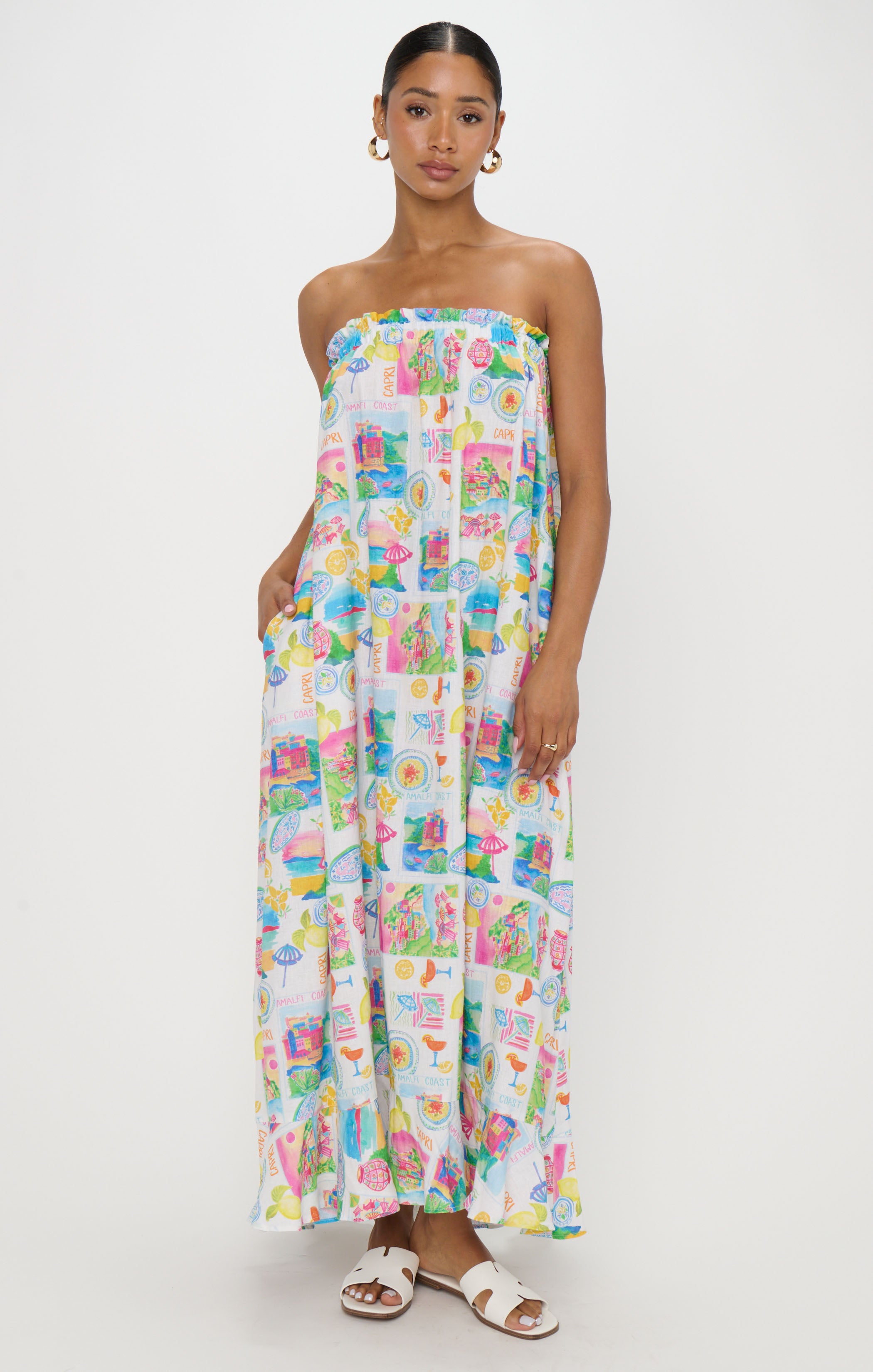 Flowy Linen Maxi Dress with Smocked Top | Amalfi Coast