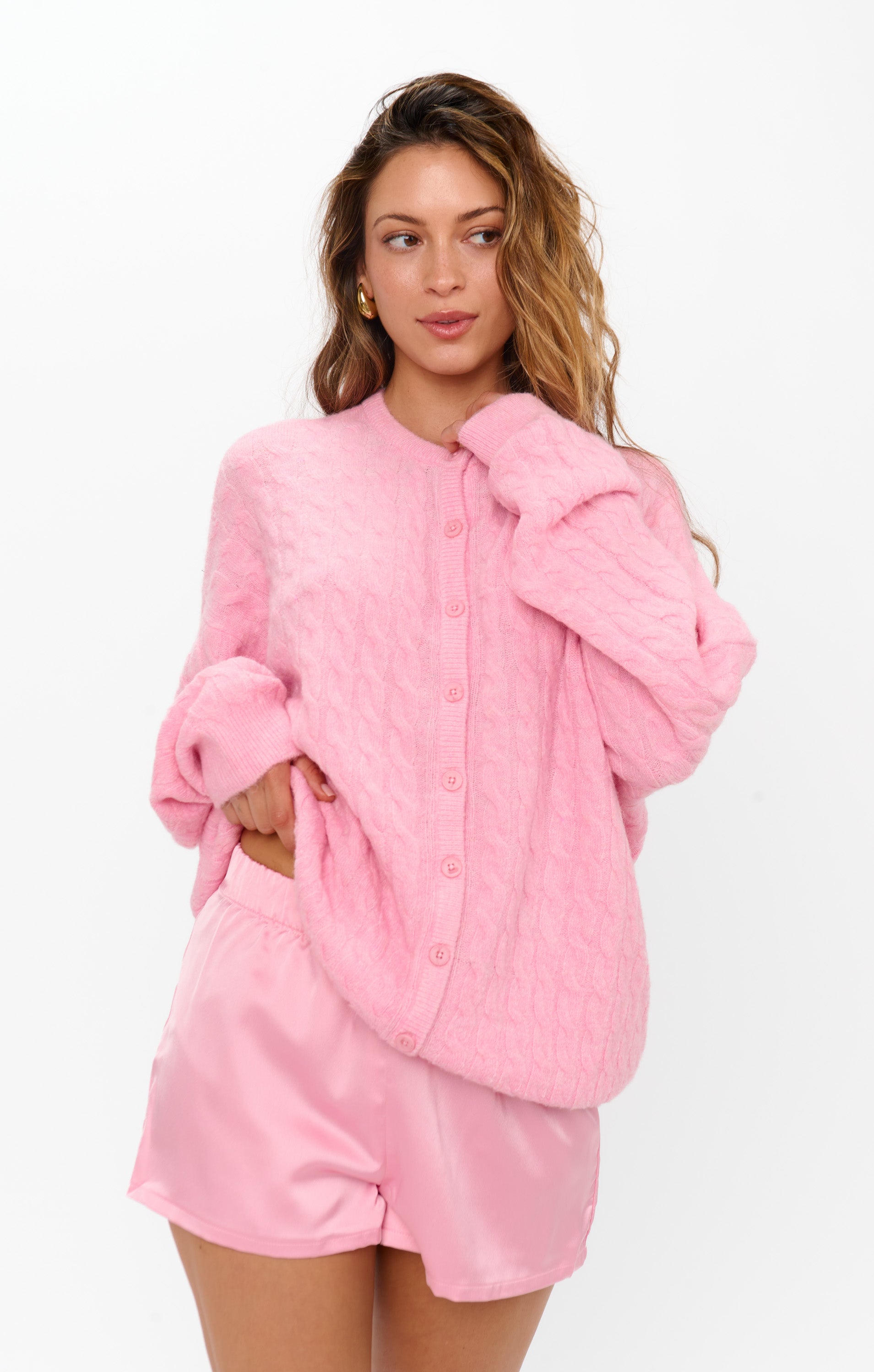 Light Pink Cable Knit Cardigan | Oversized & Cozy Feel Good