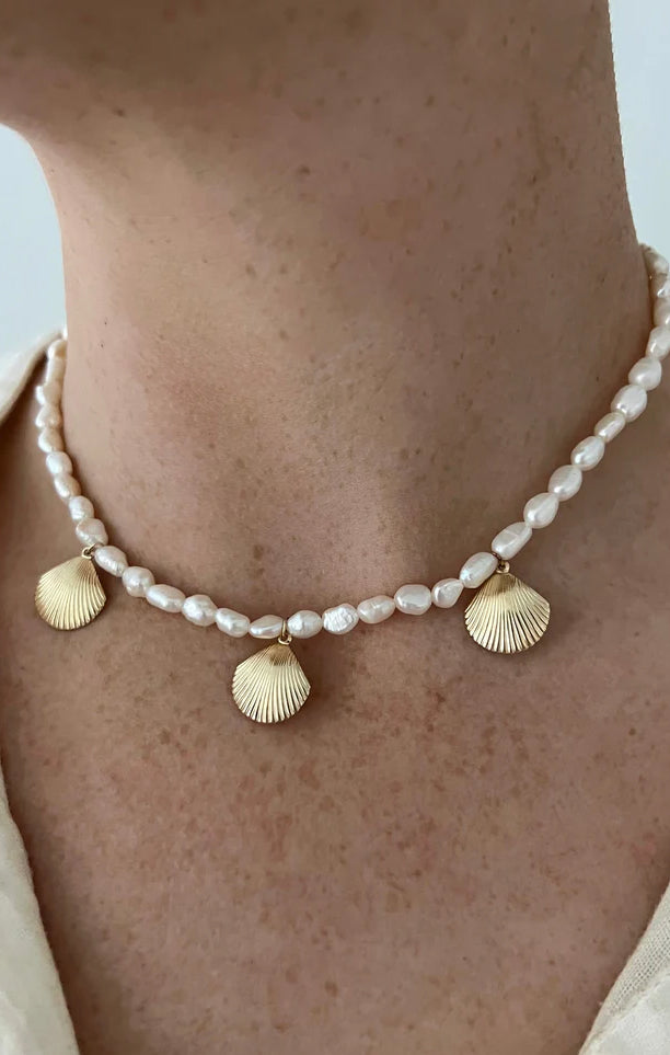 Freshwater Pearl Necklace with Gold Shell Charms | ALV Jewels