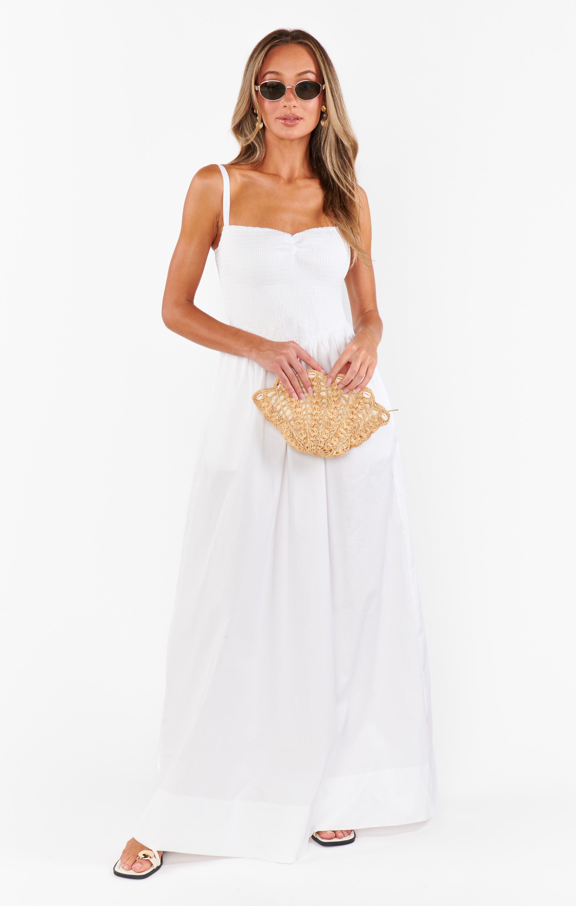 White Poplin Maxi Dress with Smocked Bodice & Pockets | Dixie