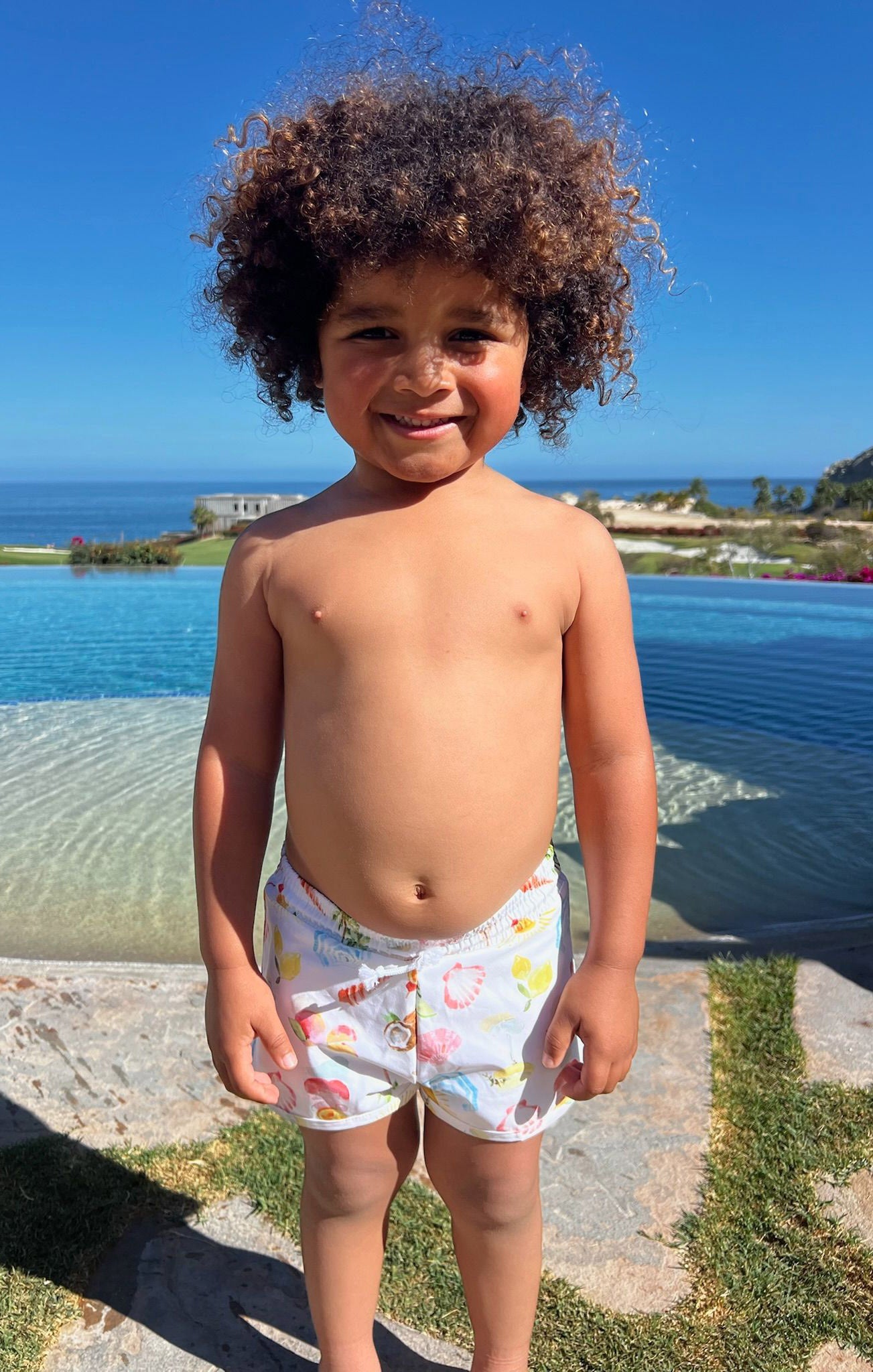 Beach Trunks for Kids with Seaside Print | Little Beach Bum