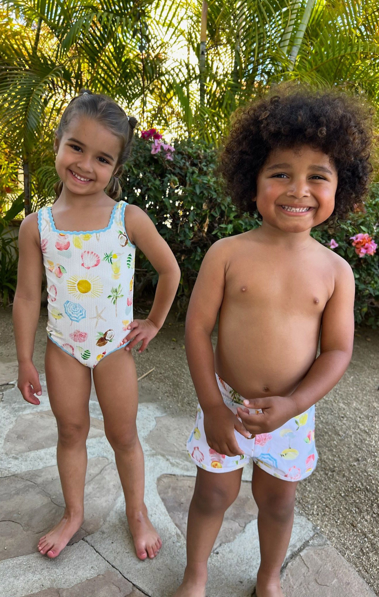Beach Trunks for Kids with Seaside Print | Little Beach Bum