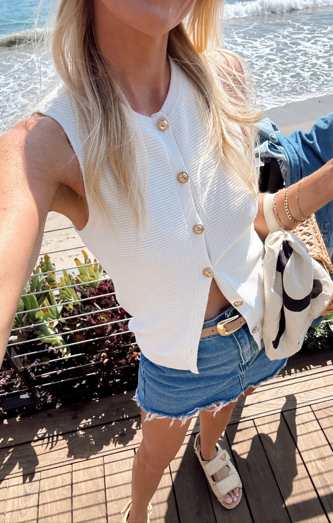 White Knit Tank Top with Gold Buttons | Devin Delight