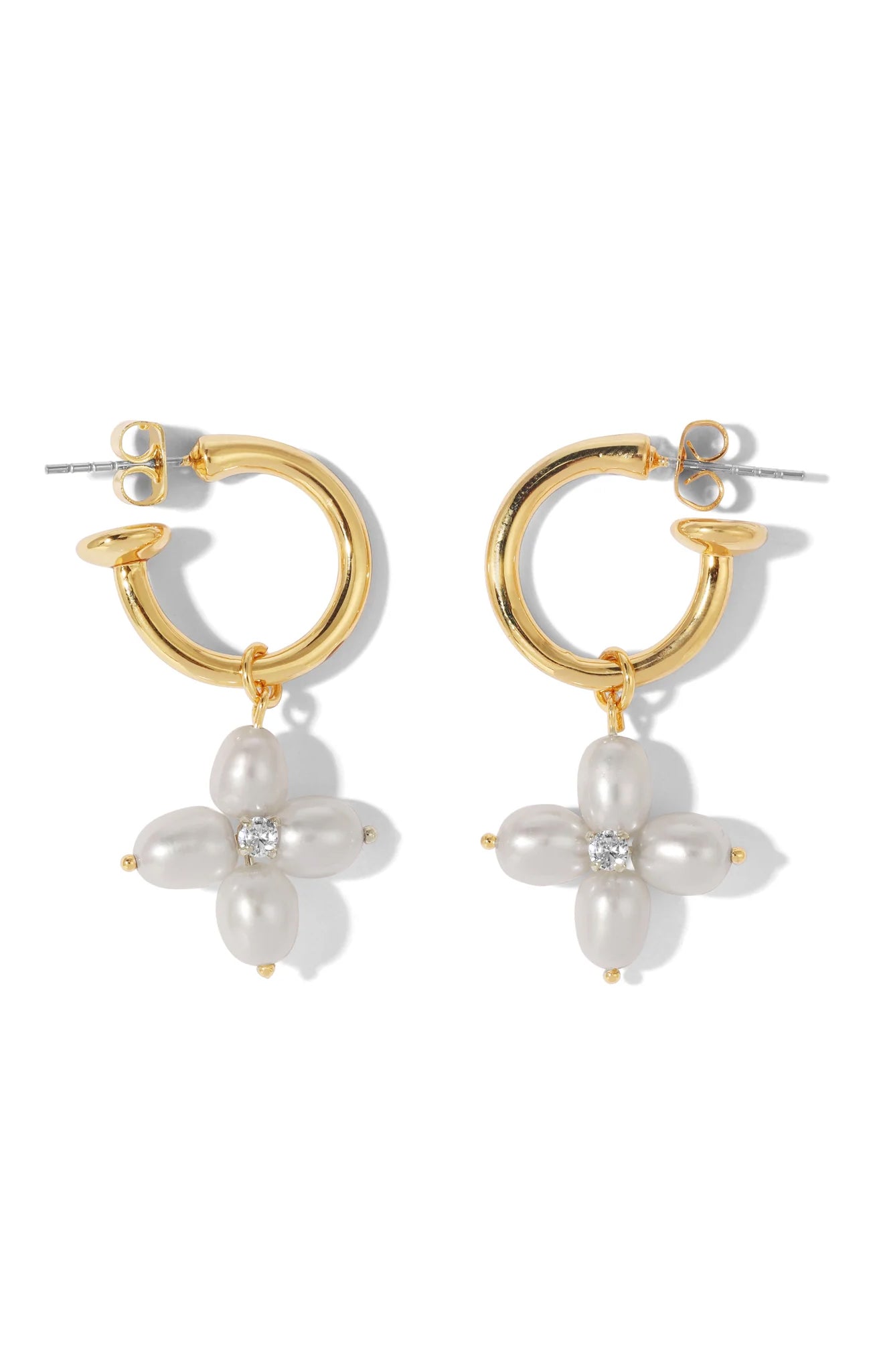 Dainty Pearl Cross Hoop Earrings with CZ Crystal | Vanessa Mooney