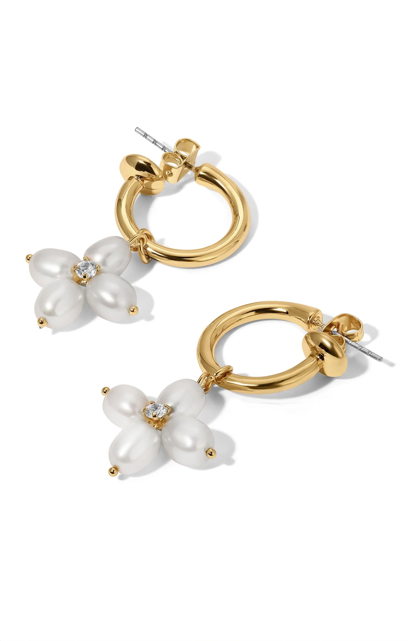 Dainty Pearl Cross Hoop Earrings with CZ Crystal | Vanessa Mooney
