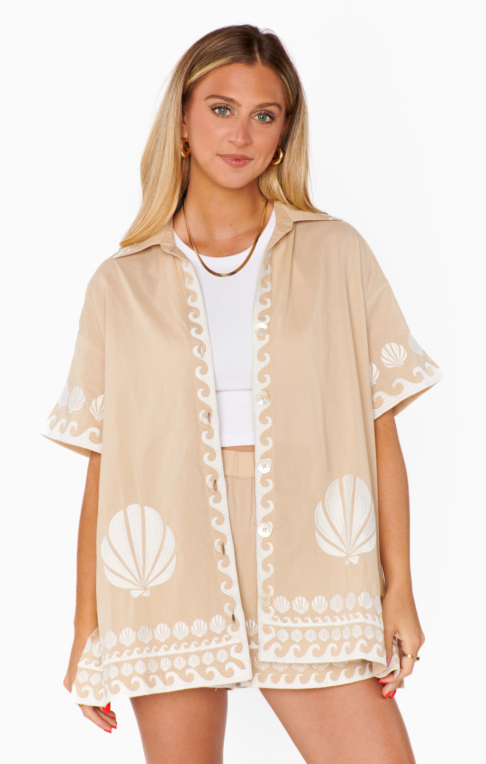 Oversized Poplin Button Down Shirt | Parker Latte Capri Shells