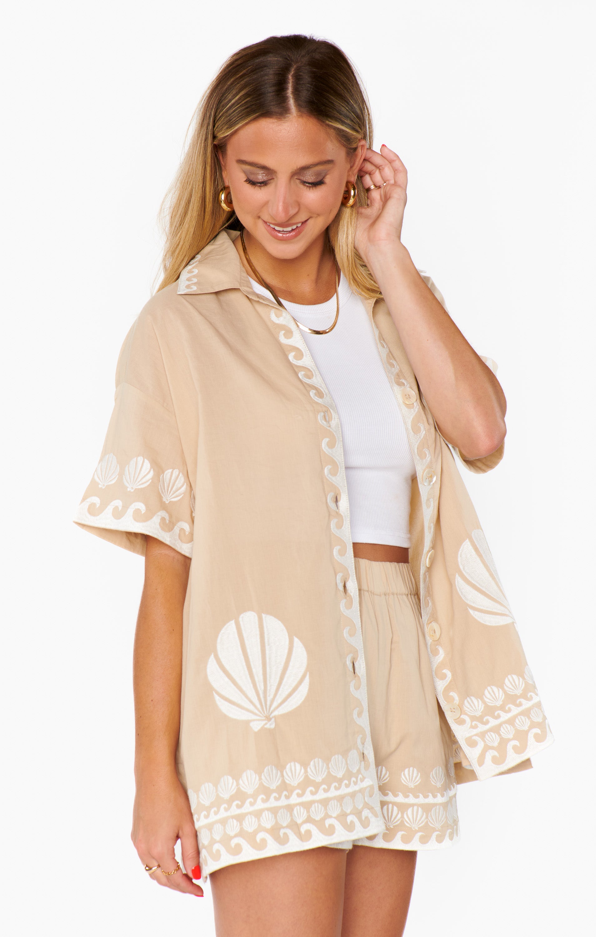 Oversized Poplin Button Down Shirt | Parker Latte Capri Shells