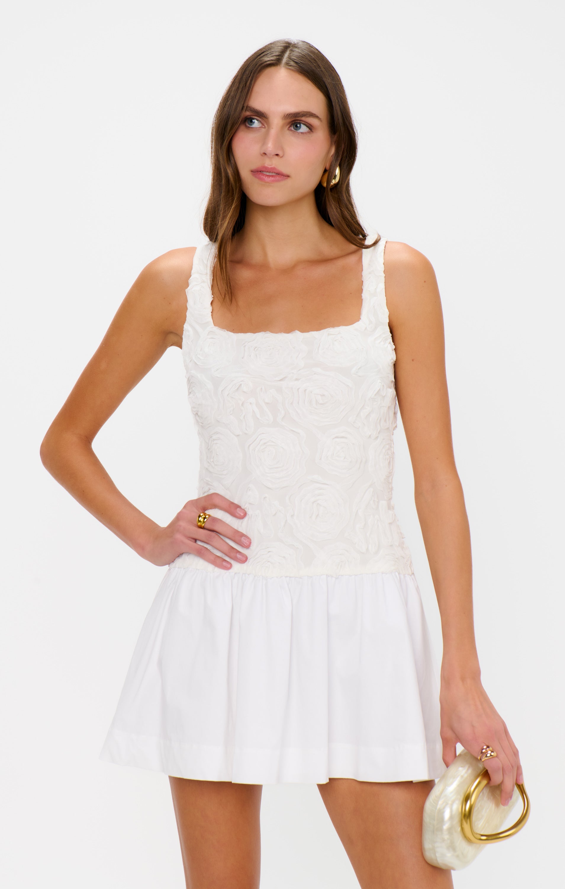 White Mesh Mini Dress with Rosette Detail | Bradshaw