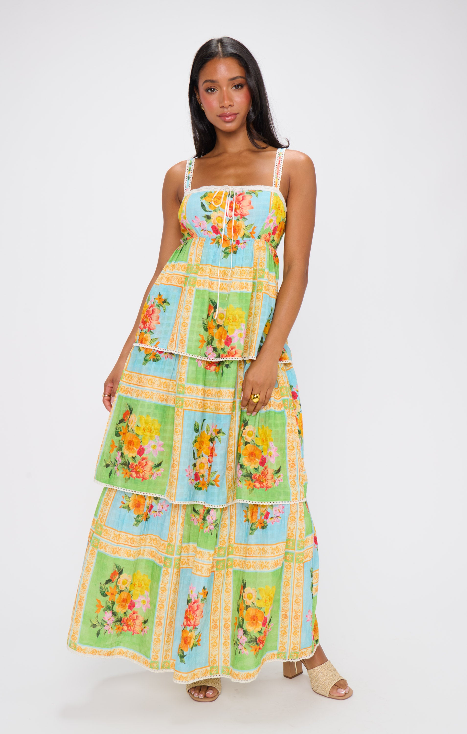 Floral Midi Dress with Scalloped Lace Straps | Peyton