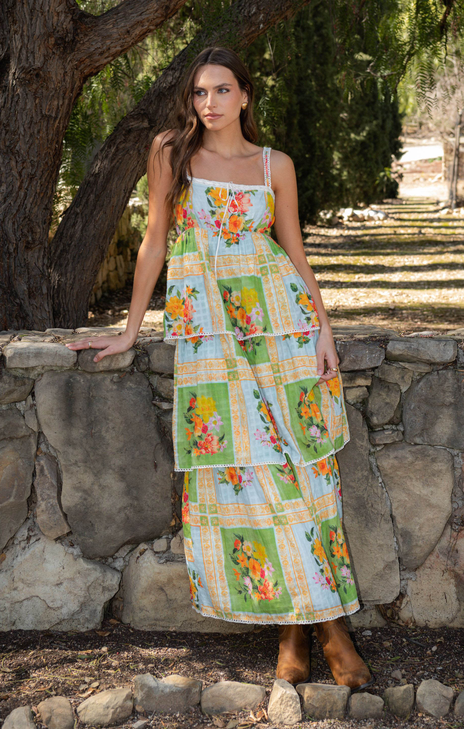 Floral Midi Dress with Scalloped Lace Straps | Peyton