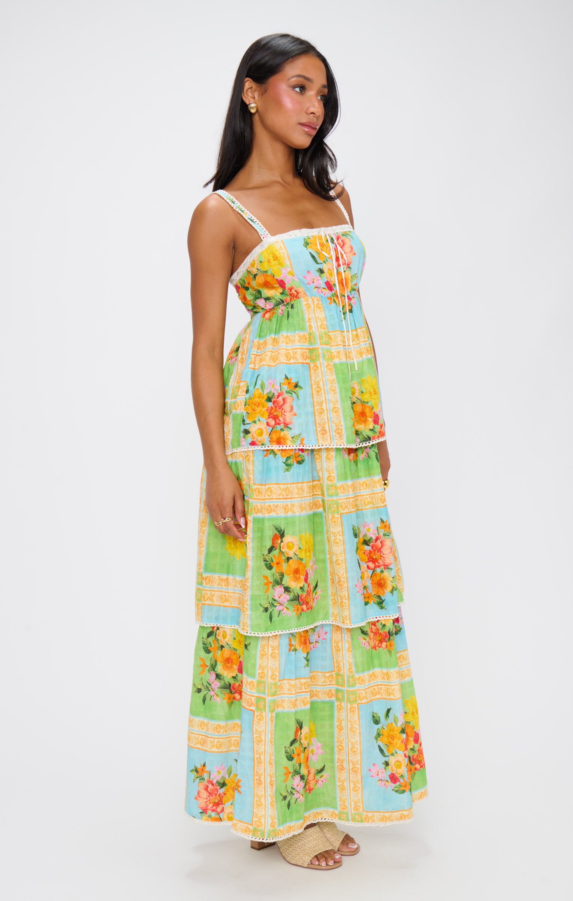 Floral Midi Dress with Scalloped Lace Straps | Peyton