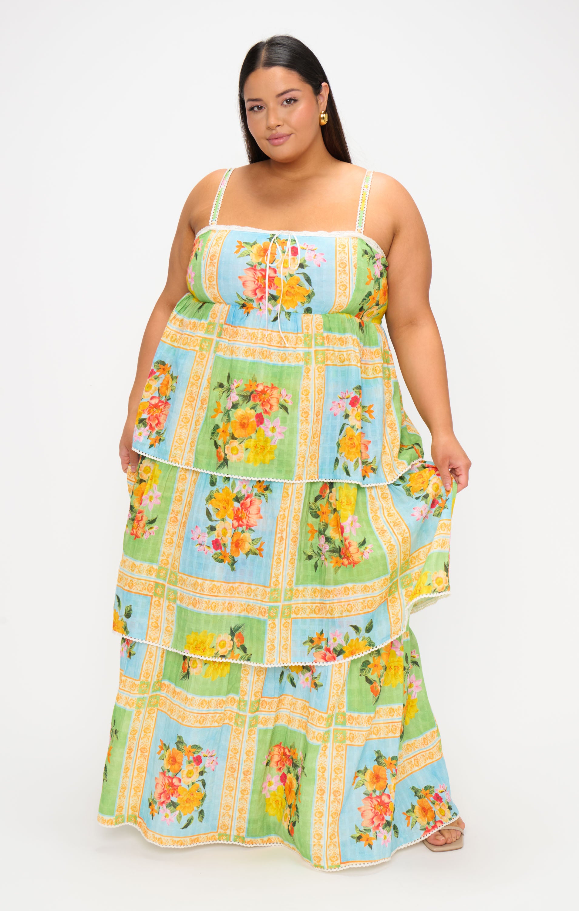 Floral Midi Dress with Scalloped Lace Straps | Peyton