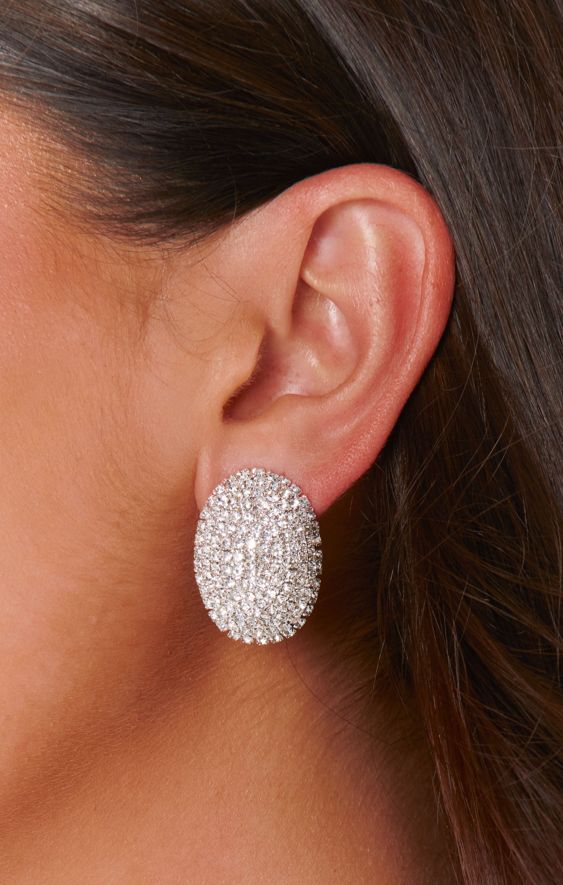 Silver Oval Rhinestone Clip-On Earrings for Women | Chic & Shiny