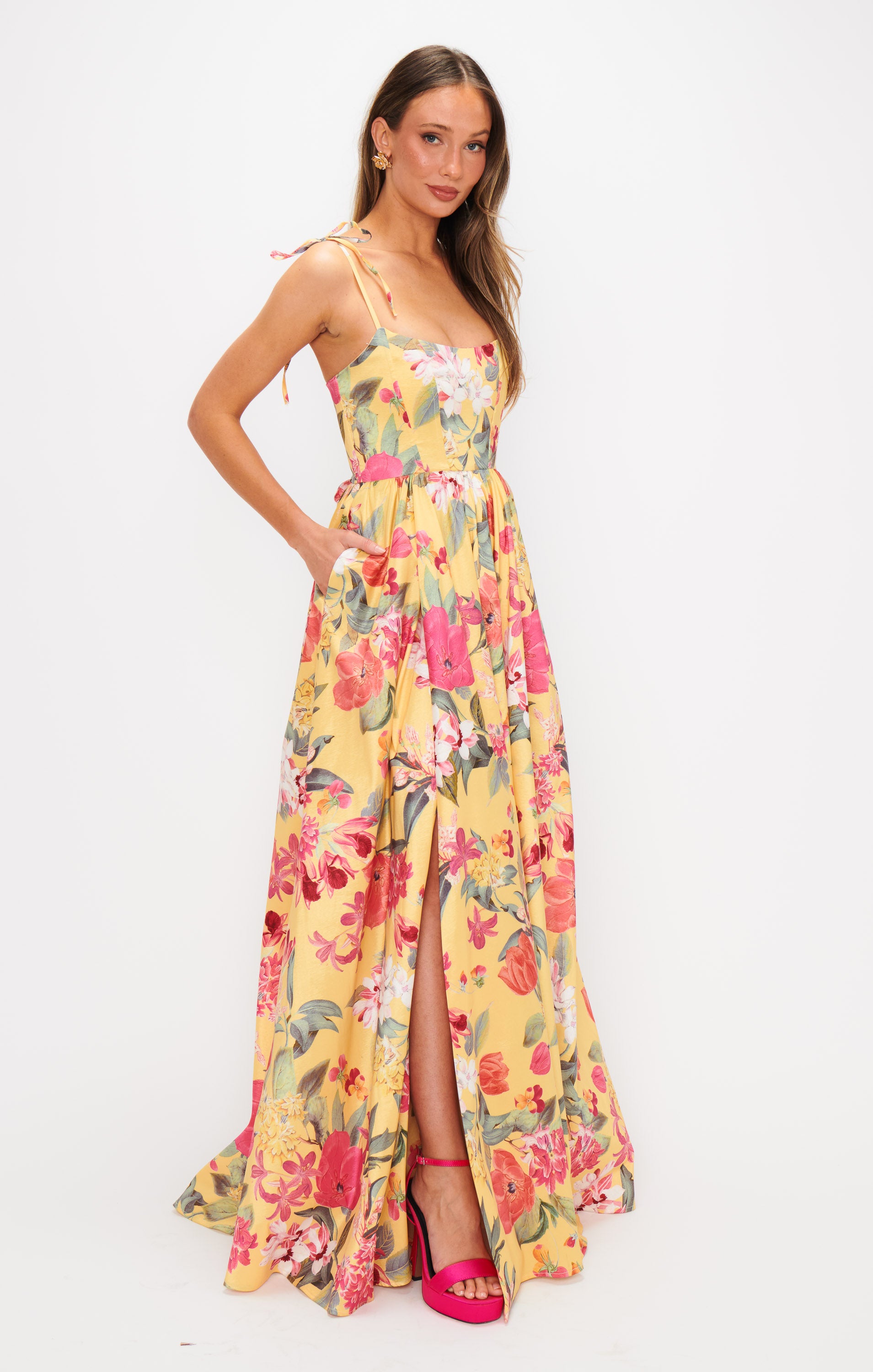 Floral Maxi Dress with Corset Bodice & Side Slit | Juliet