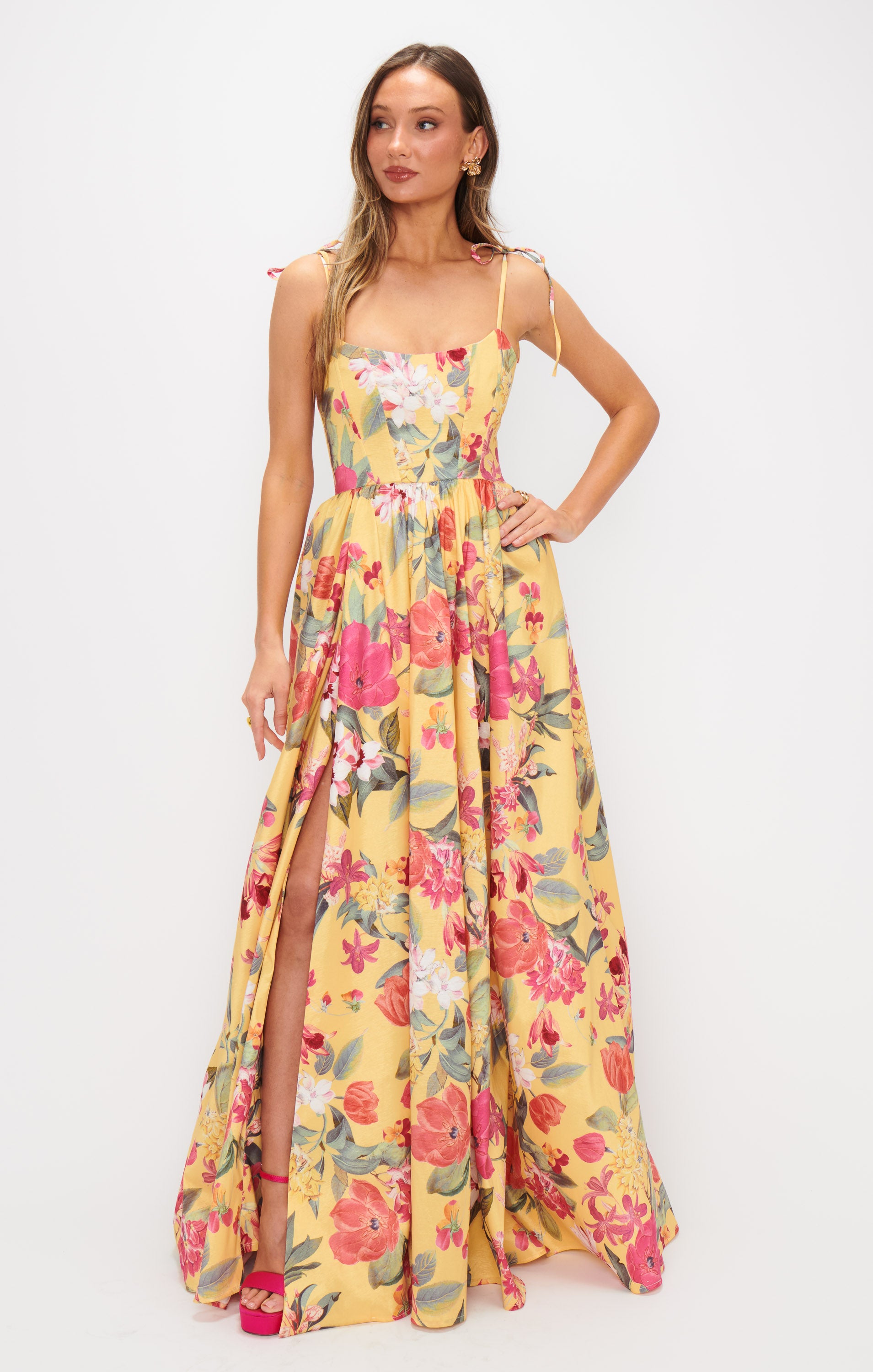 Floral Maxi Dress with Corset Bodice & Side Slit | Juliet