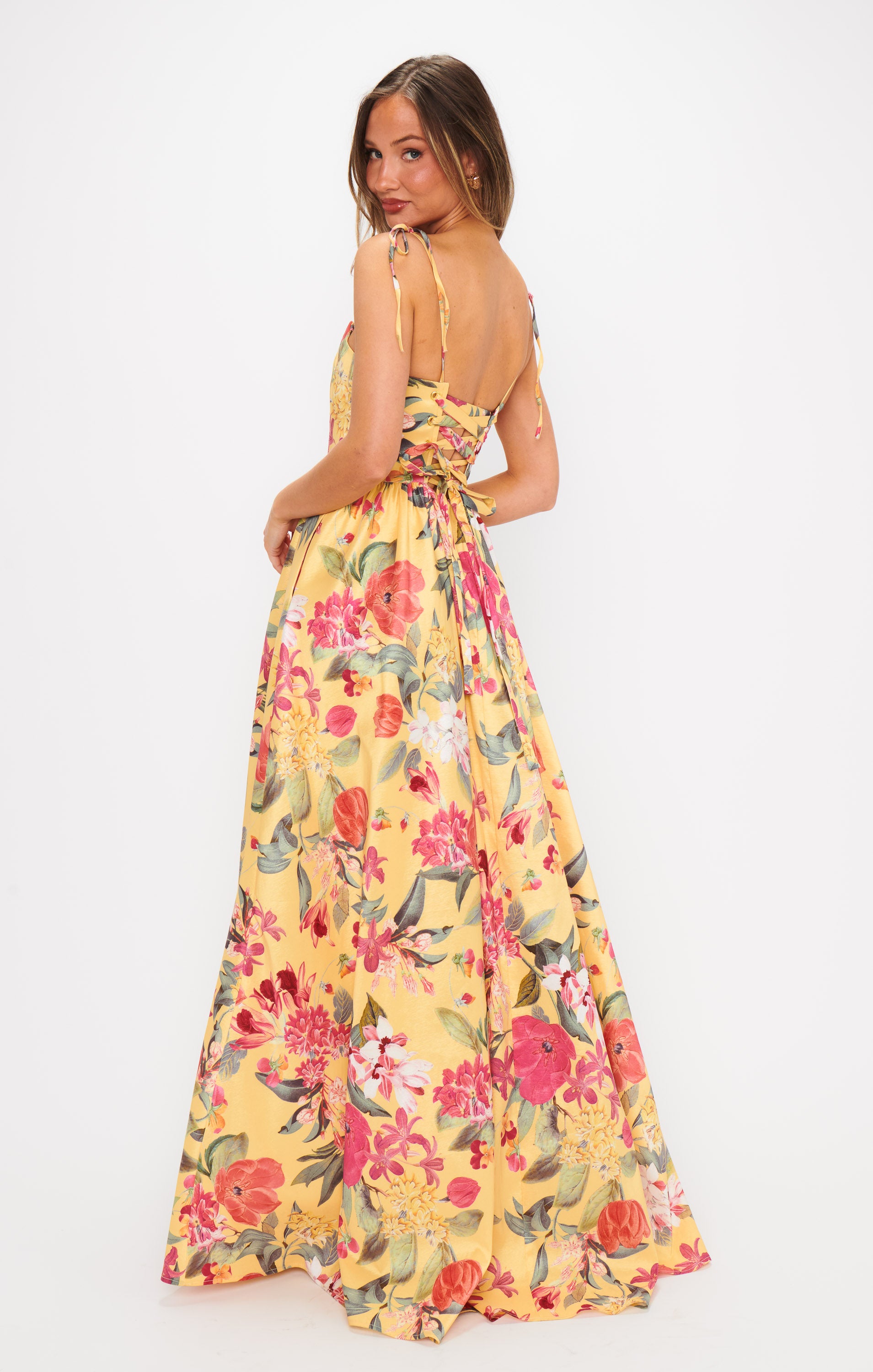 Floral Maxi Dress with Corset Bodice & Side Slit | Juliet