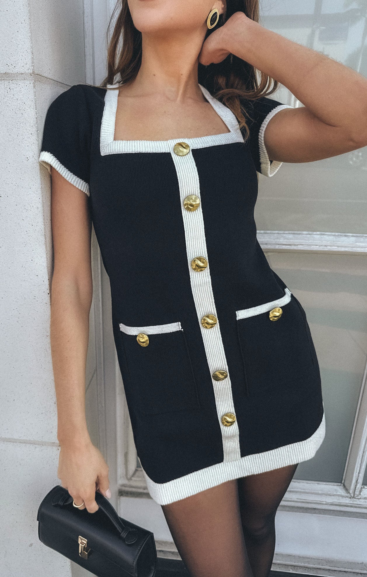 Mini Sweater Dress with Gold Buttons & Patch Pockets | Sofia