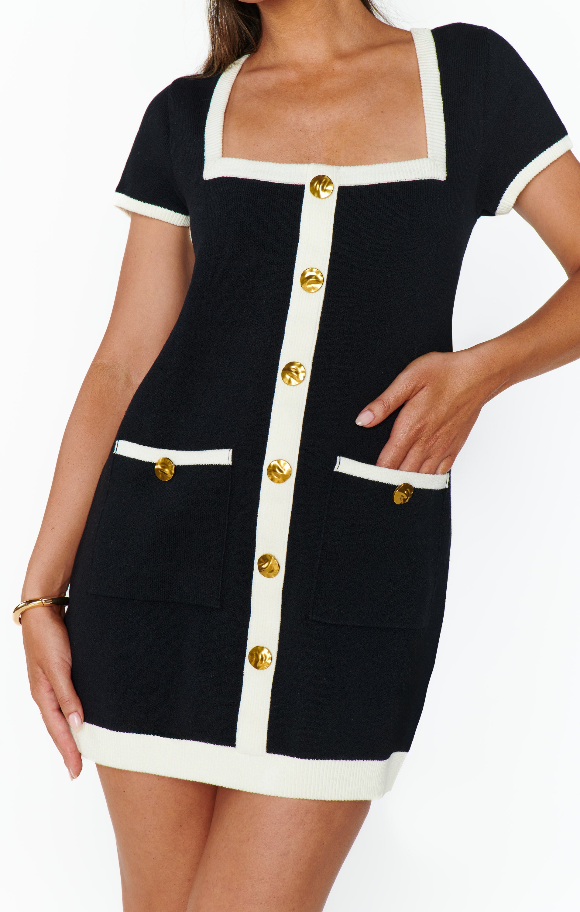 Mini Sweater Dress with Gold Buttons & Patch Pockets | Sofia