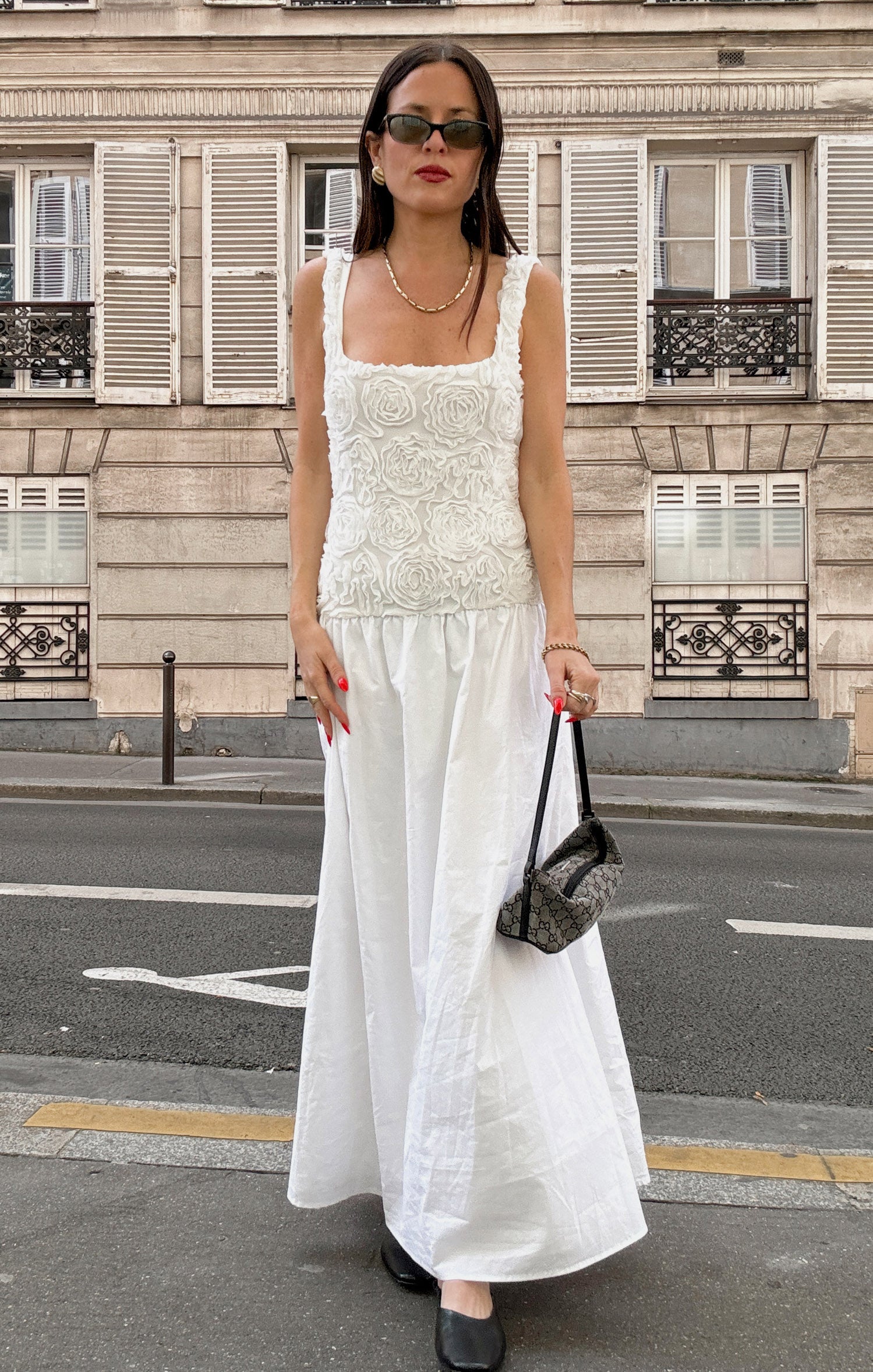 White Maxi Dress with Rosette Mesh Detail | Bradshaw
