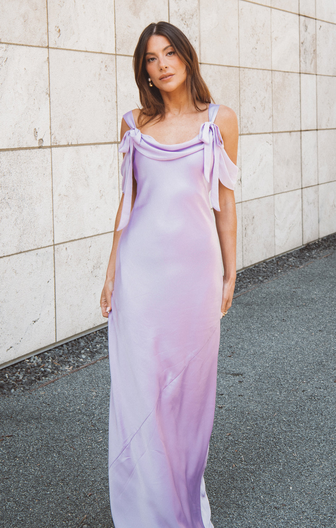Lavender Satin Maxi Dress with Adjustable Straps | Bella Bridesmaid