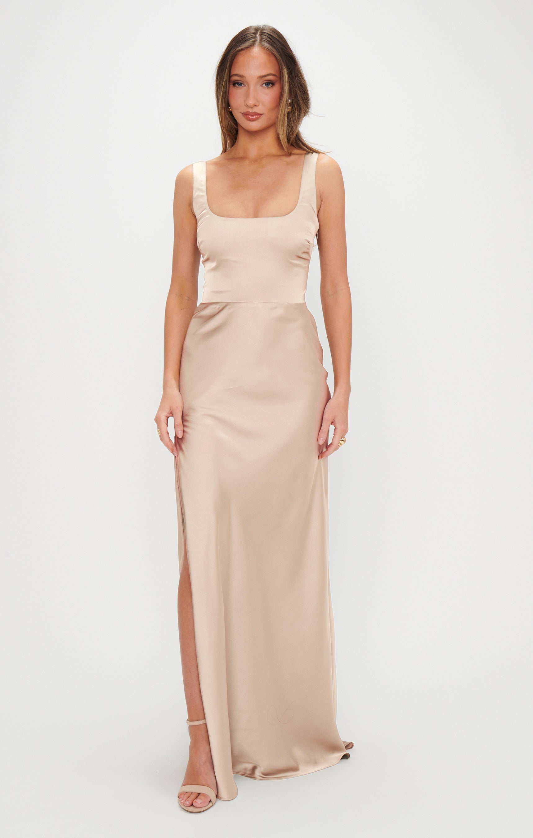 Champagne Satin Maxi Dress with Detachable Waist Sash | Lana