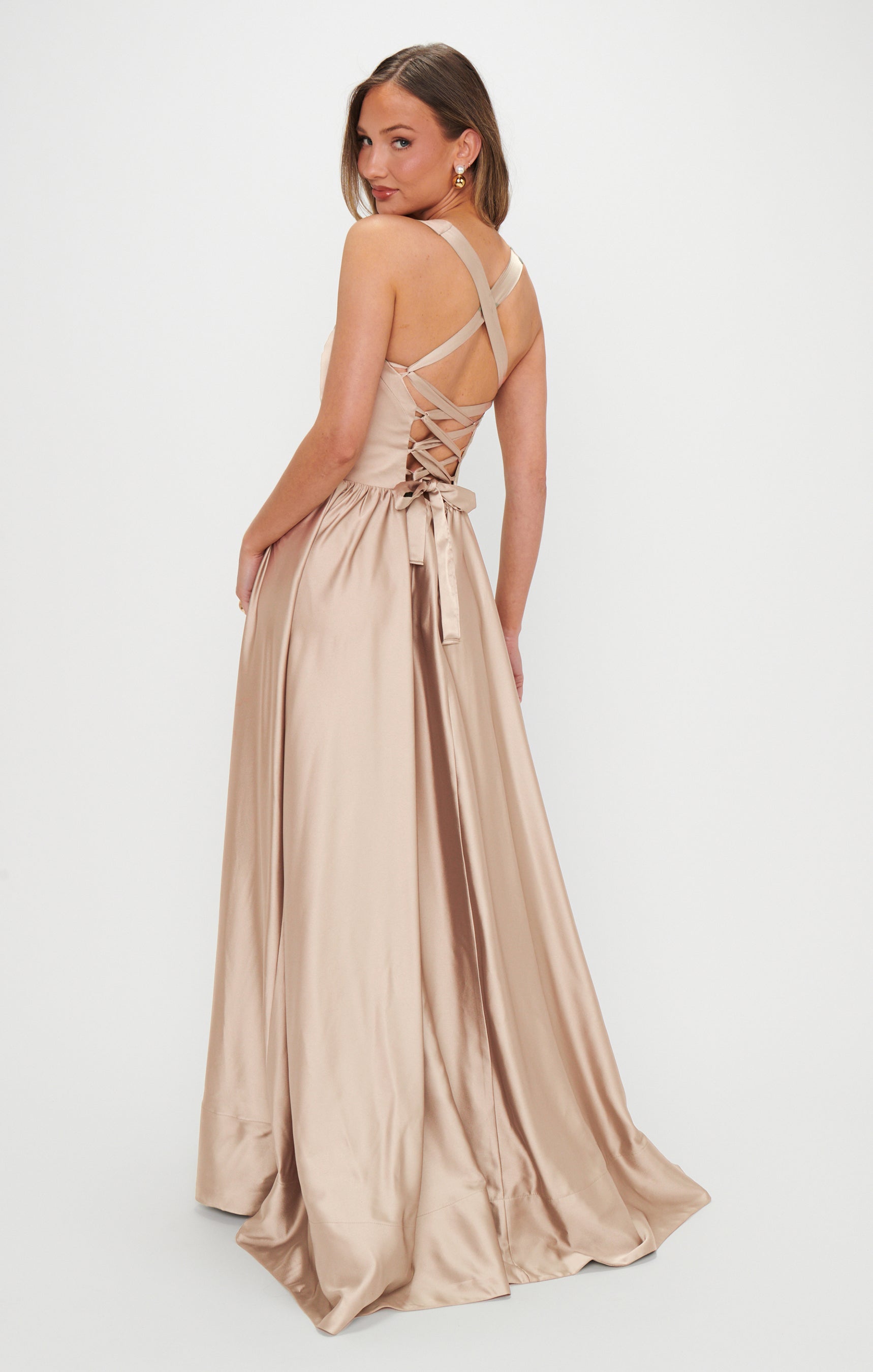 Champagne Luxe Satin Maxi Dress with Sweetheart Neckline & Leg Slit | Abigail