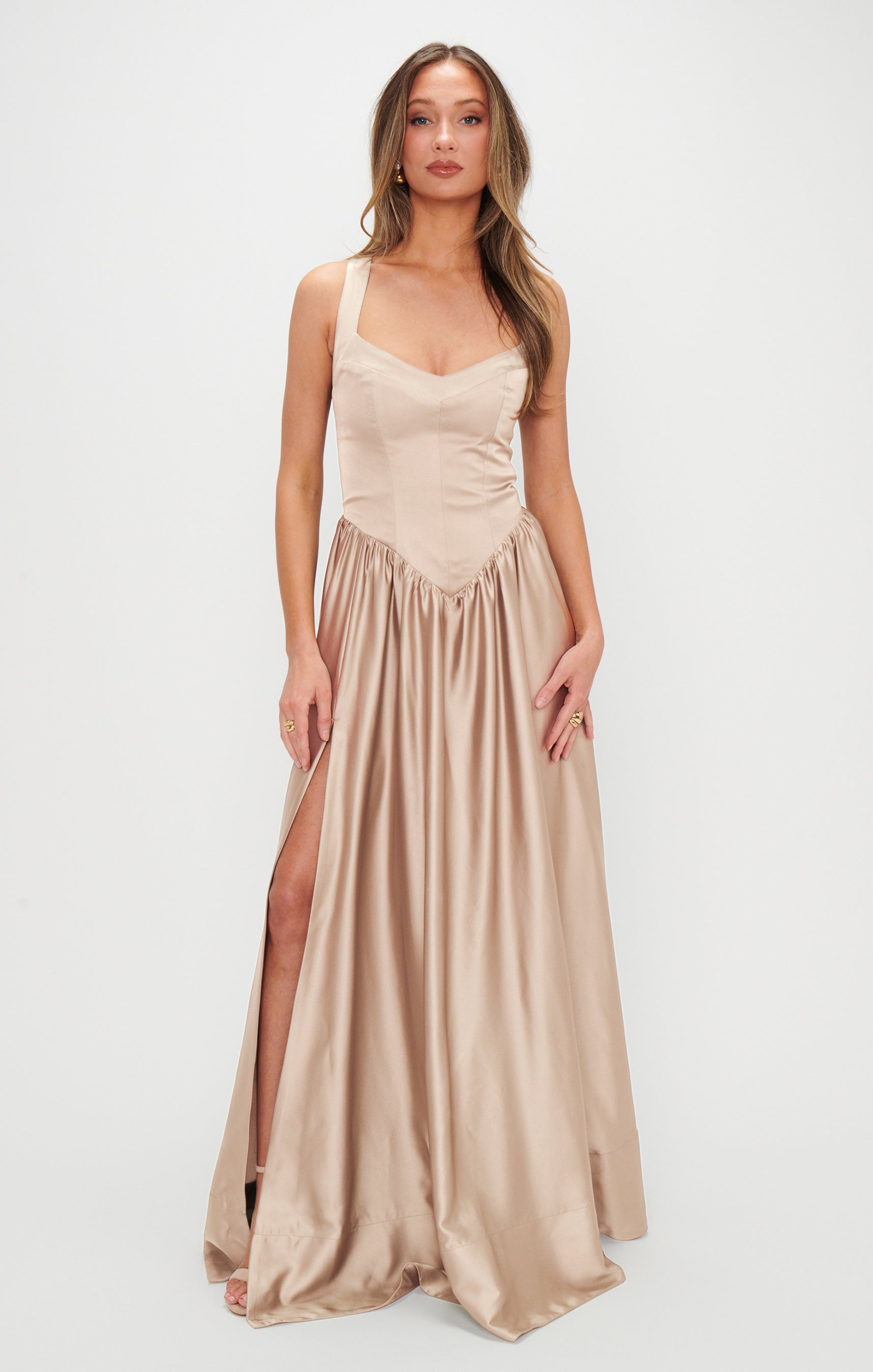 Champagne Luxe Satin Maxi Dress with Sweetheart Neckline & Leg Slit | Abigail