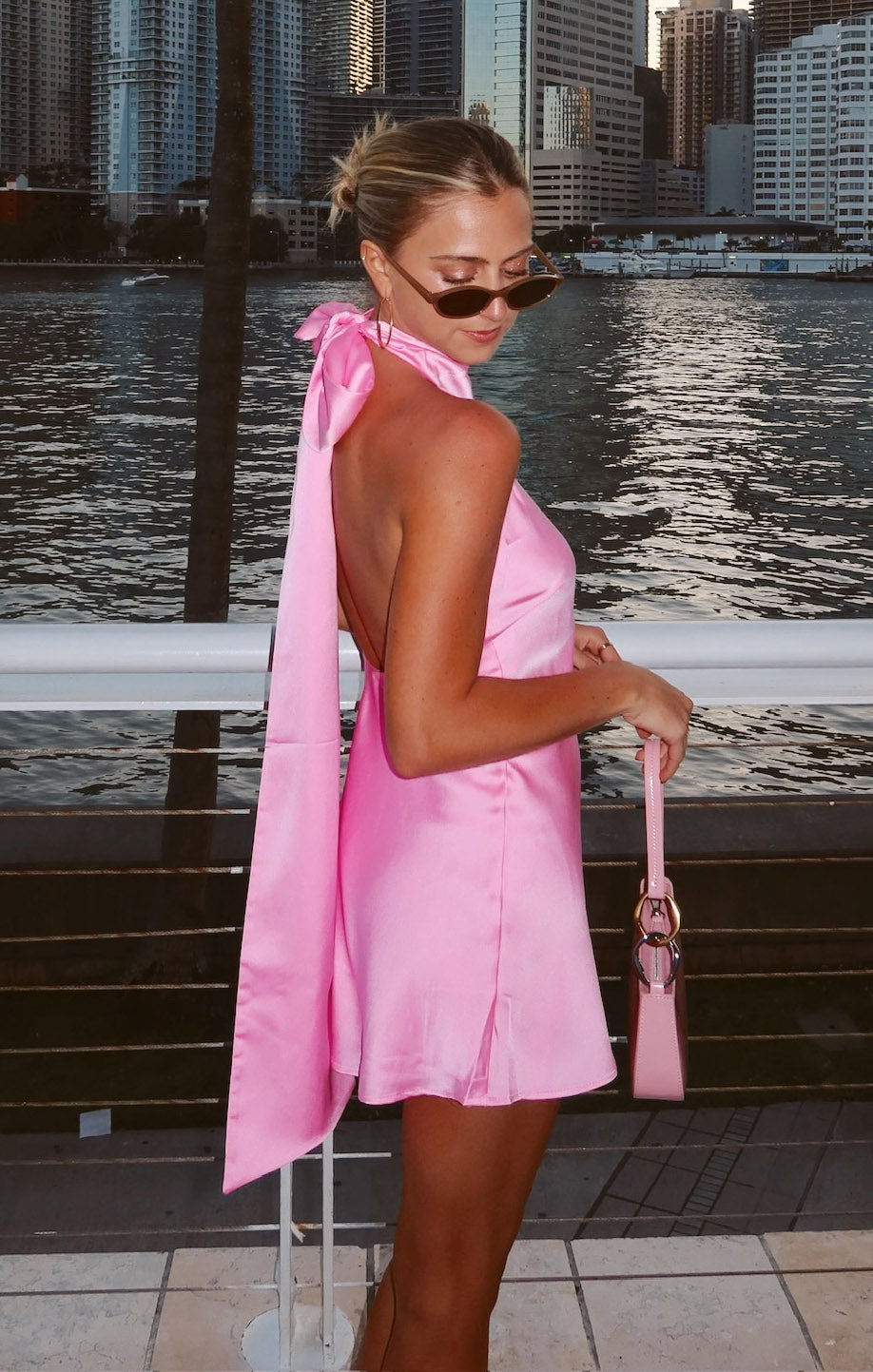 Pink Satin Mini Dress with Halter Neck & Open Back | Lisa