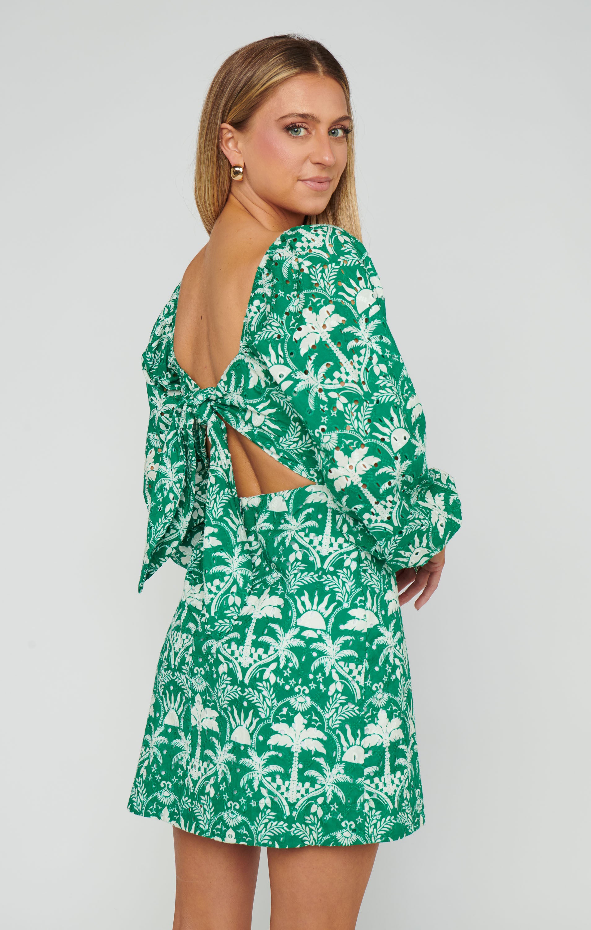 Tiki Palms Tie Back Mini Dress with Puff Sleeves | Tamara