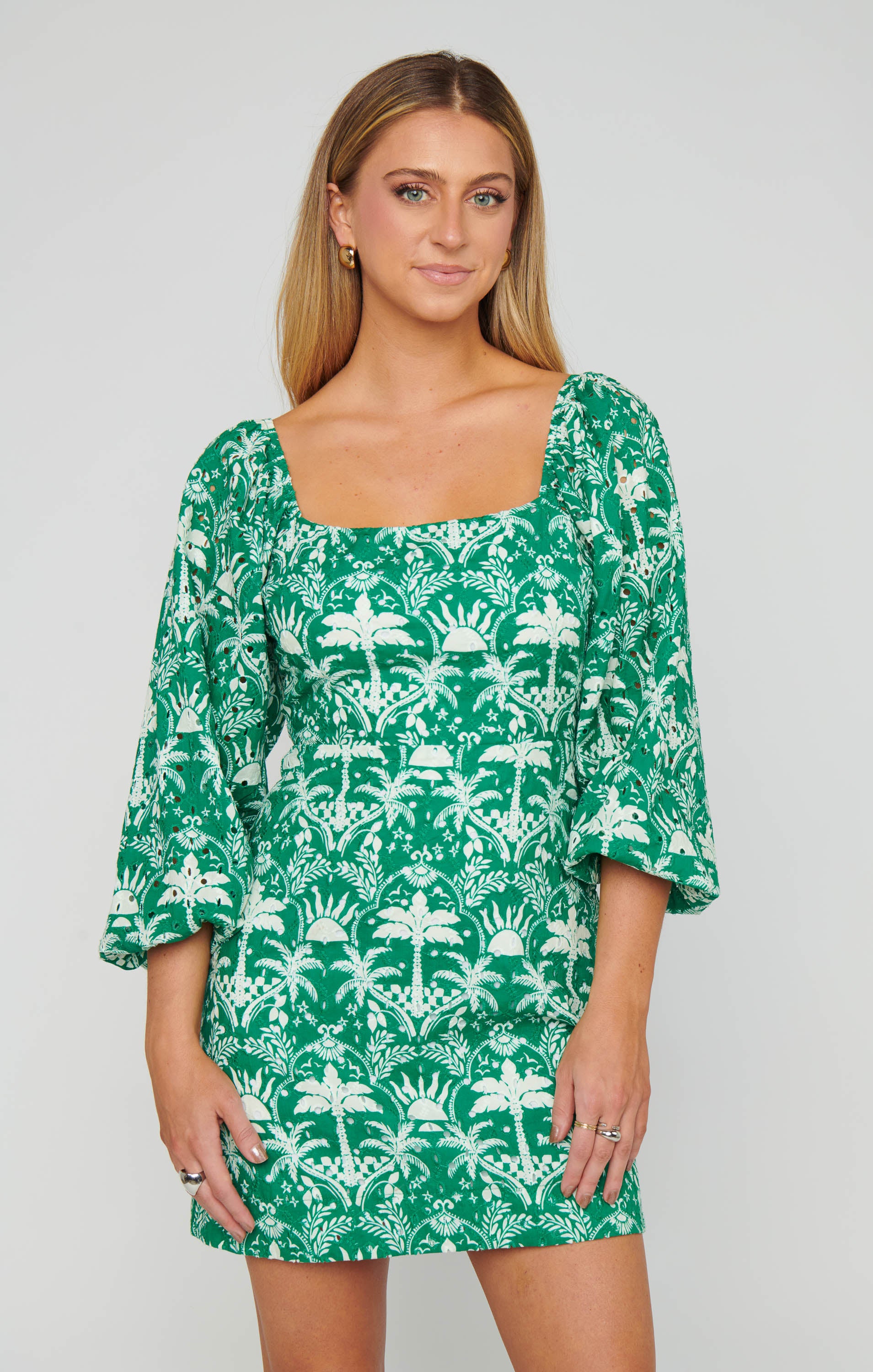 Tiki Palms Tie Back Mini Dress with Puff Sleeves | Tamara