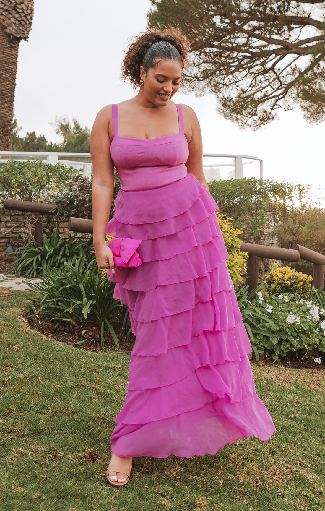 Ruffle Maxi Dress with Bustier Bodice & Lace-Up Back | Katarina