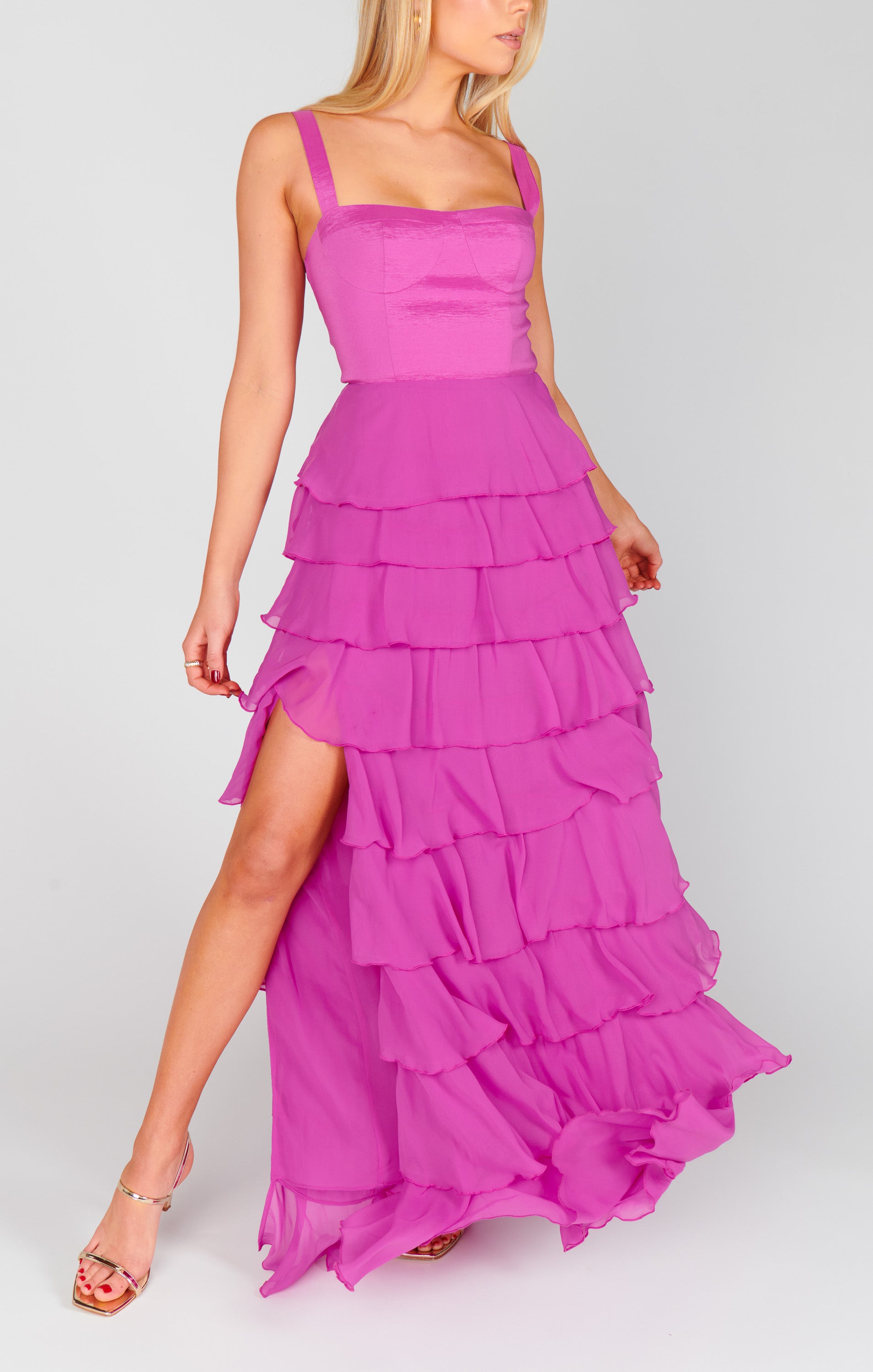 Ruffle Maxi Dress with Bustier Bodice & Lace-Up Back | Katarina