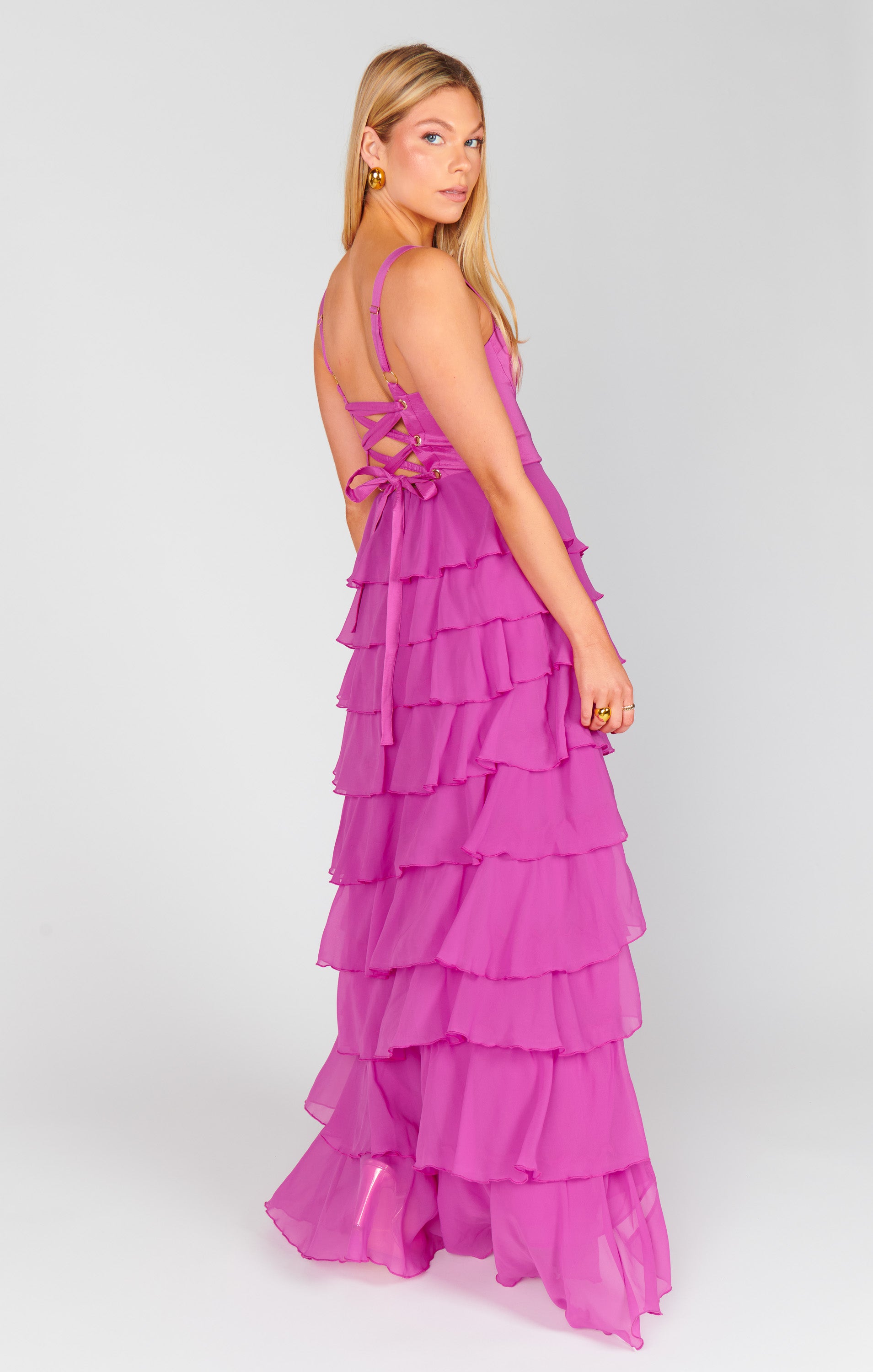 Ruffle Maxi Dress with Bustier Bodice & Lace-Up Back | Katarina
