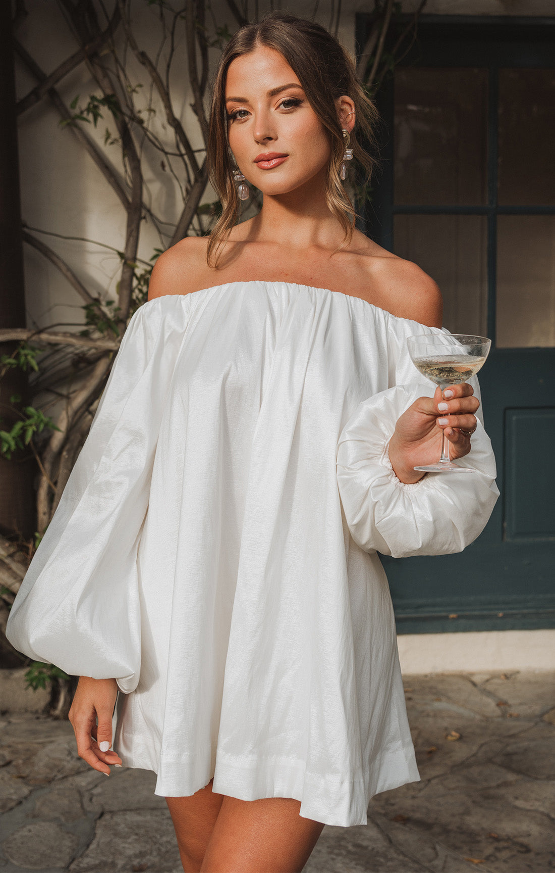 Off-Shoulder White Taffeta Mini Dress for Parties | Brenna