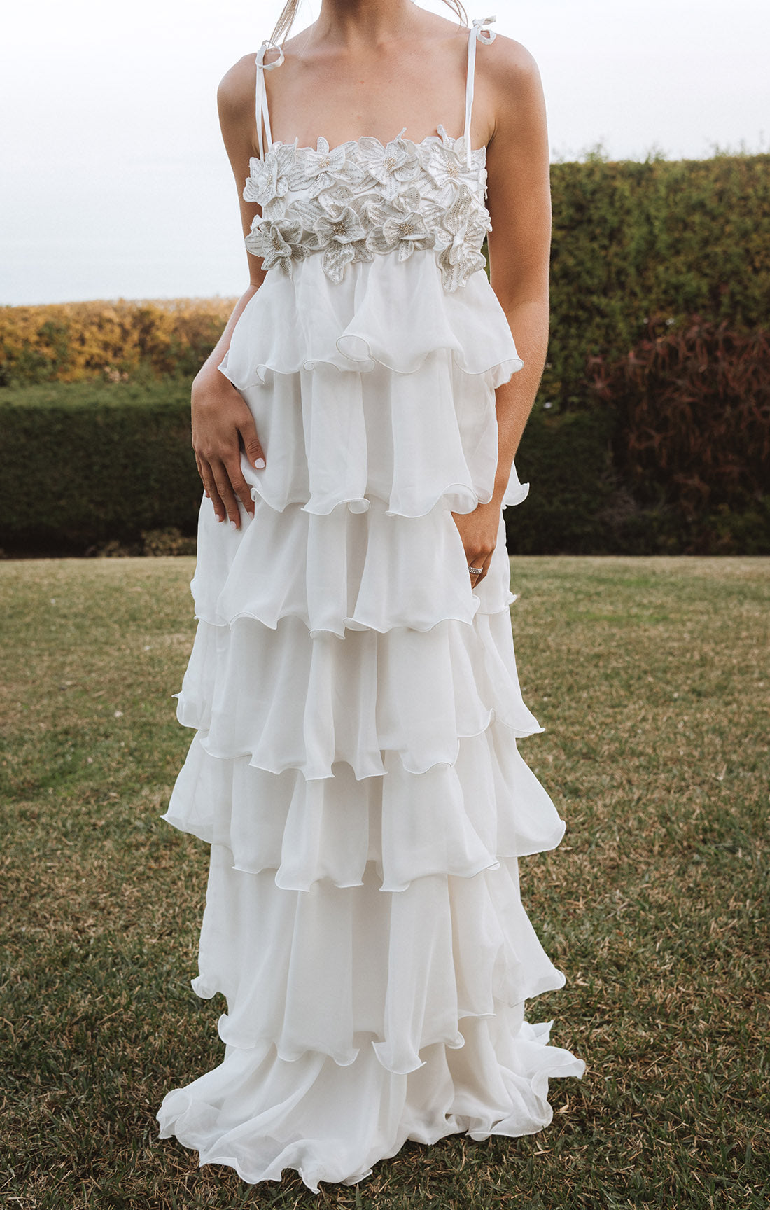 White Embellished Maxi Dress with Ruffles | Gabriella Gown