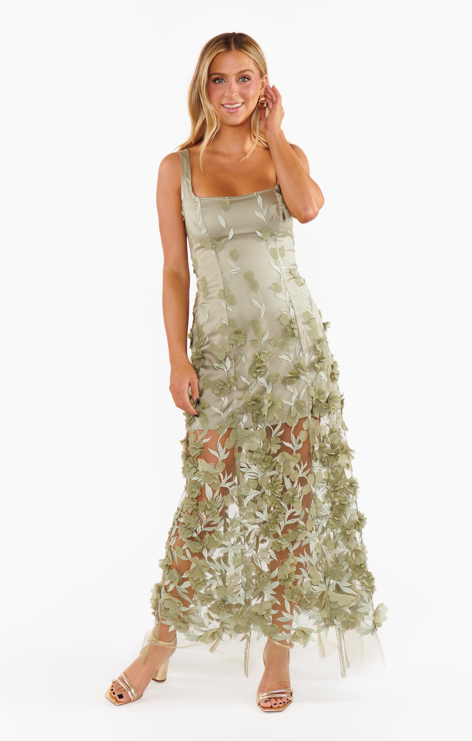 Floral Embroidered Moss Green Dress for Events | Stephanie Dress