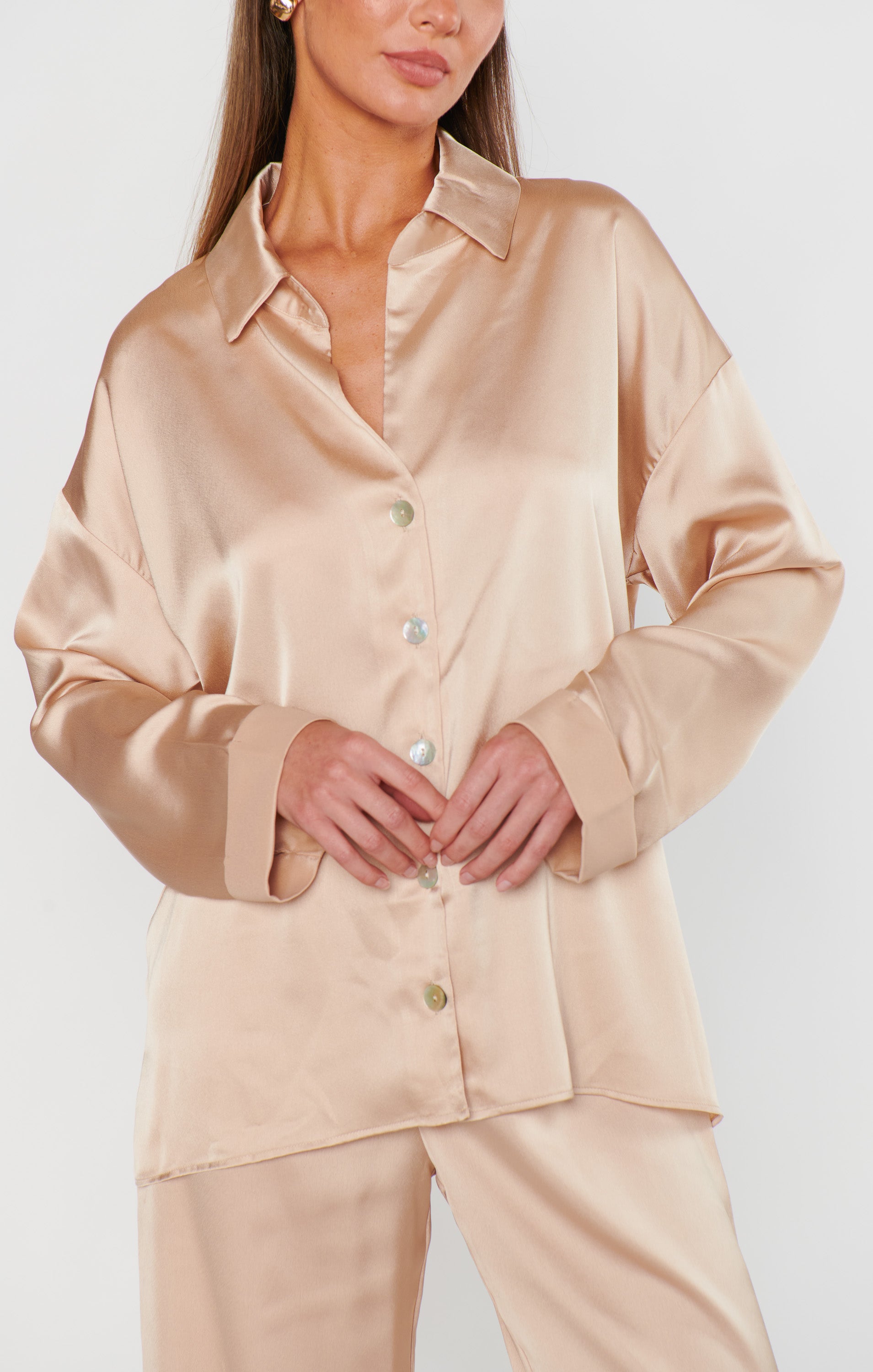 Champagne Satin Button Down Shirt for Bridal Prep | Always and Forever
