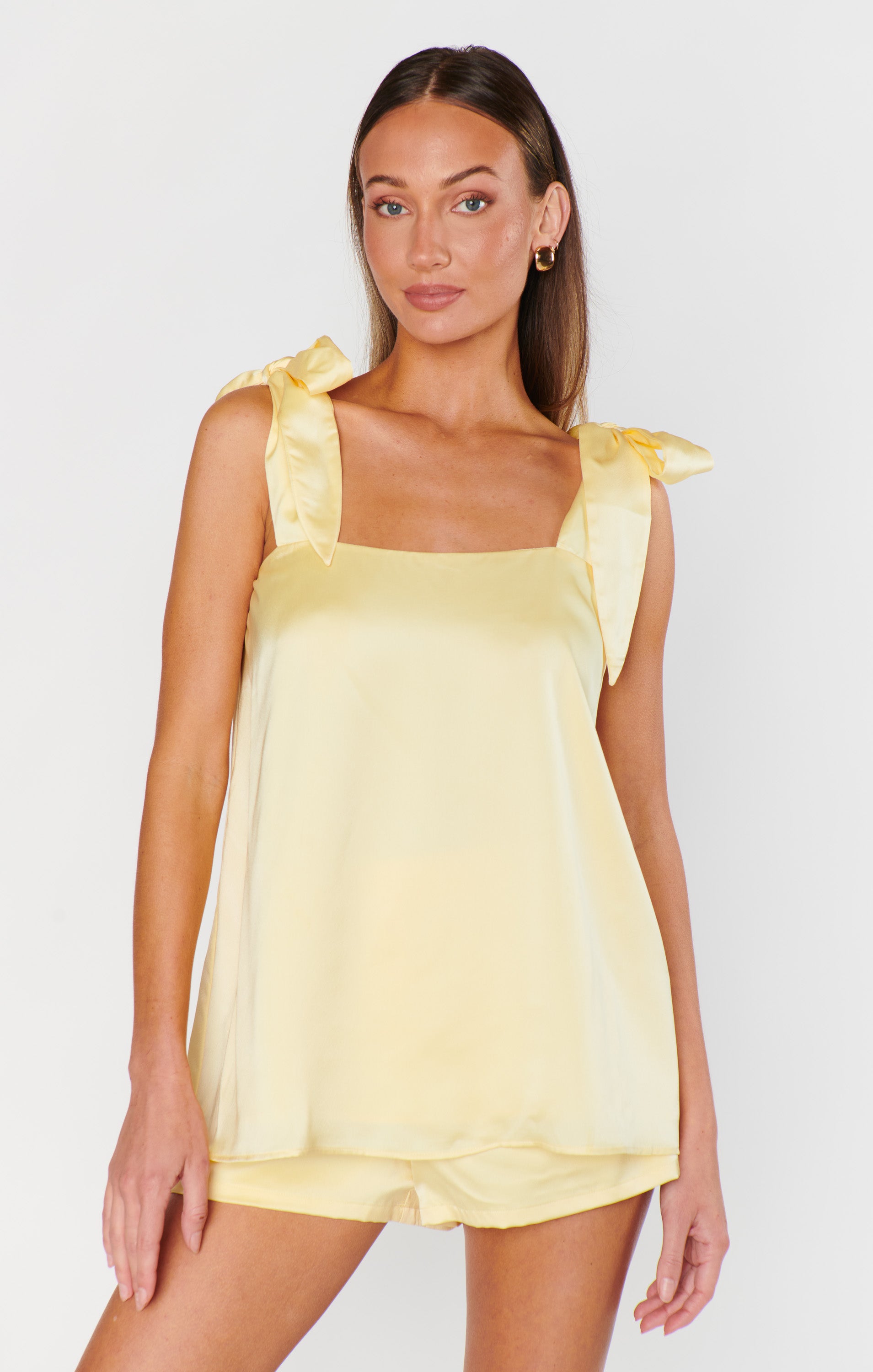 Pale Yellow Satin Makeup Tank for Sleepovers & Bach Weekends | Luxe