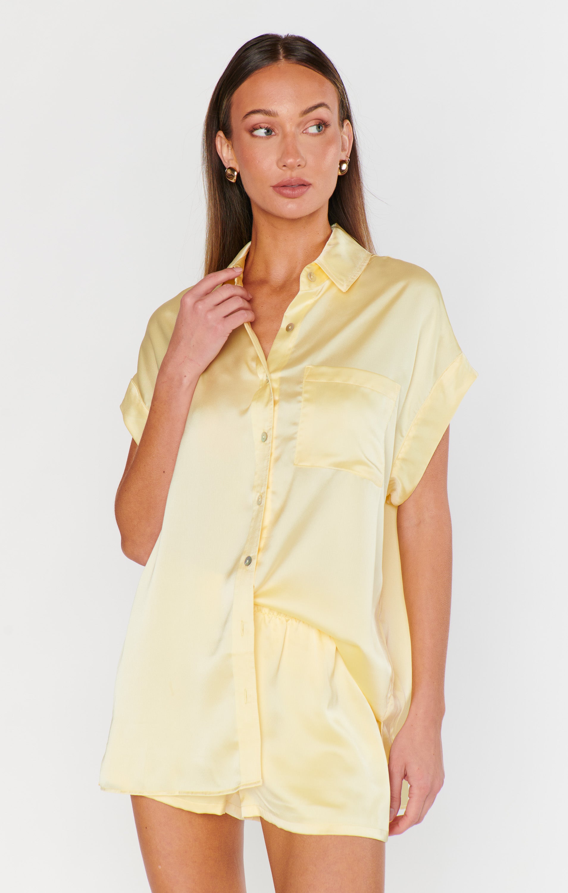 Luxe Satin Button-Up Shirt for Bridal Parties | Pale Yellow