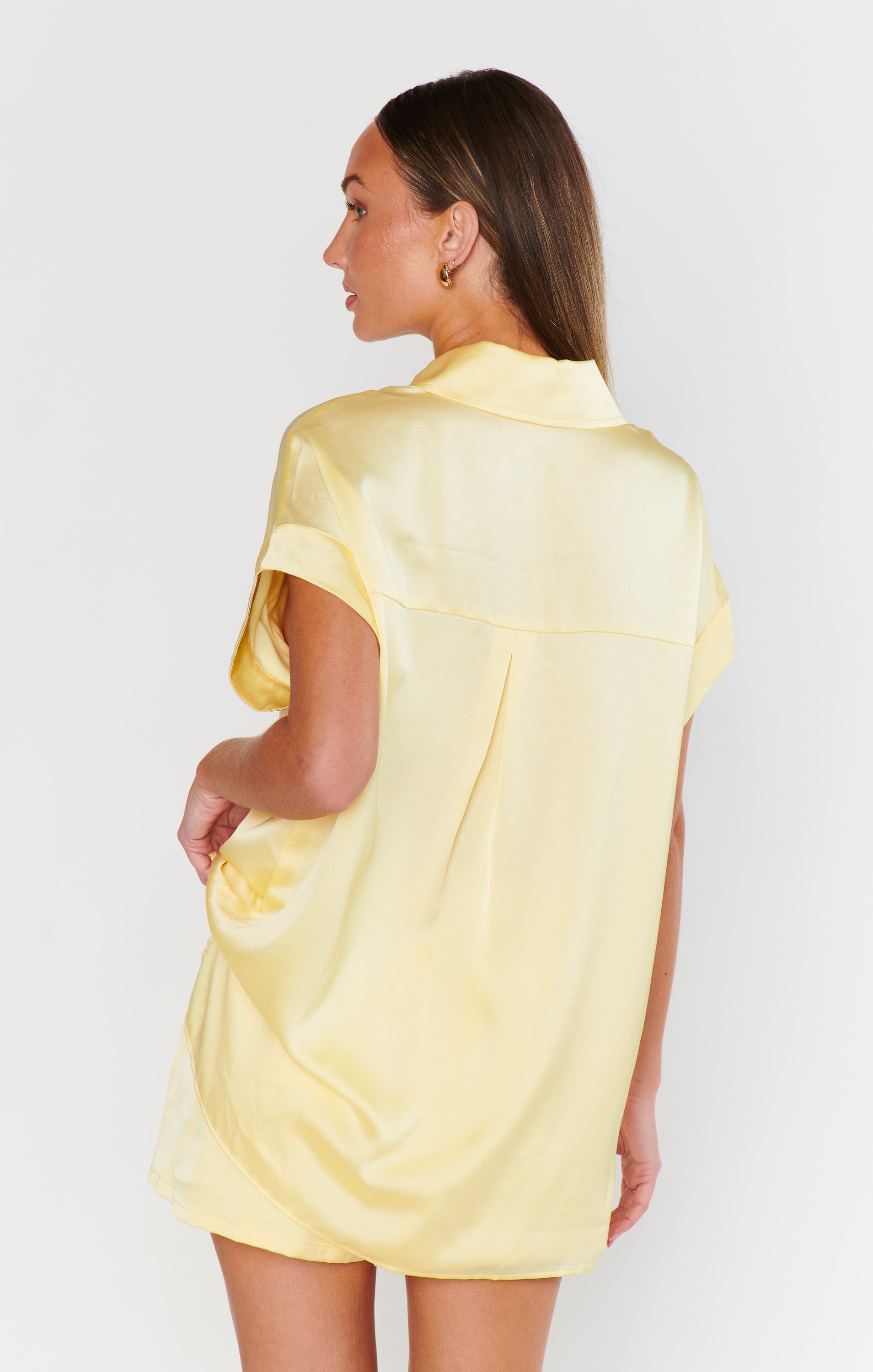 Luxe Satin Button-Up Shirt for Bridal Parties | Pale Yellow