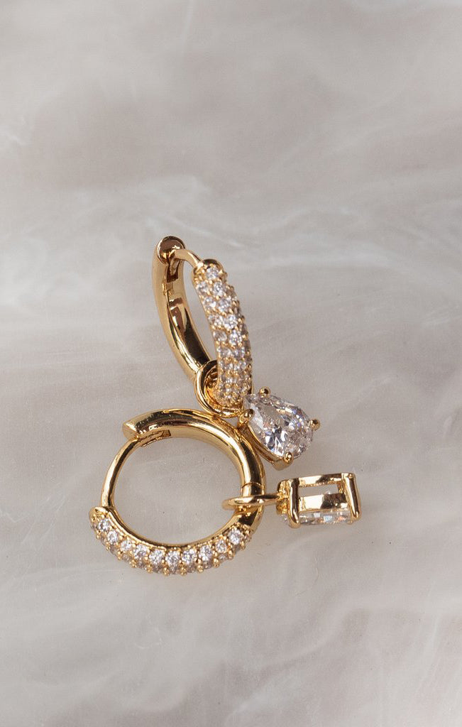 Gold Pavé Huggie Earrings with Pear-Cut CZ Charm | LUV AJ