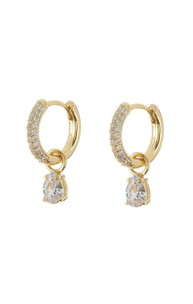Gold Pavé Huggie Earrings with Pear-Cut CZ Charm | LUV AJ